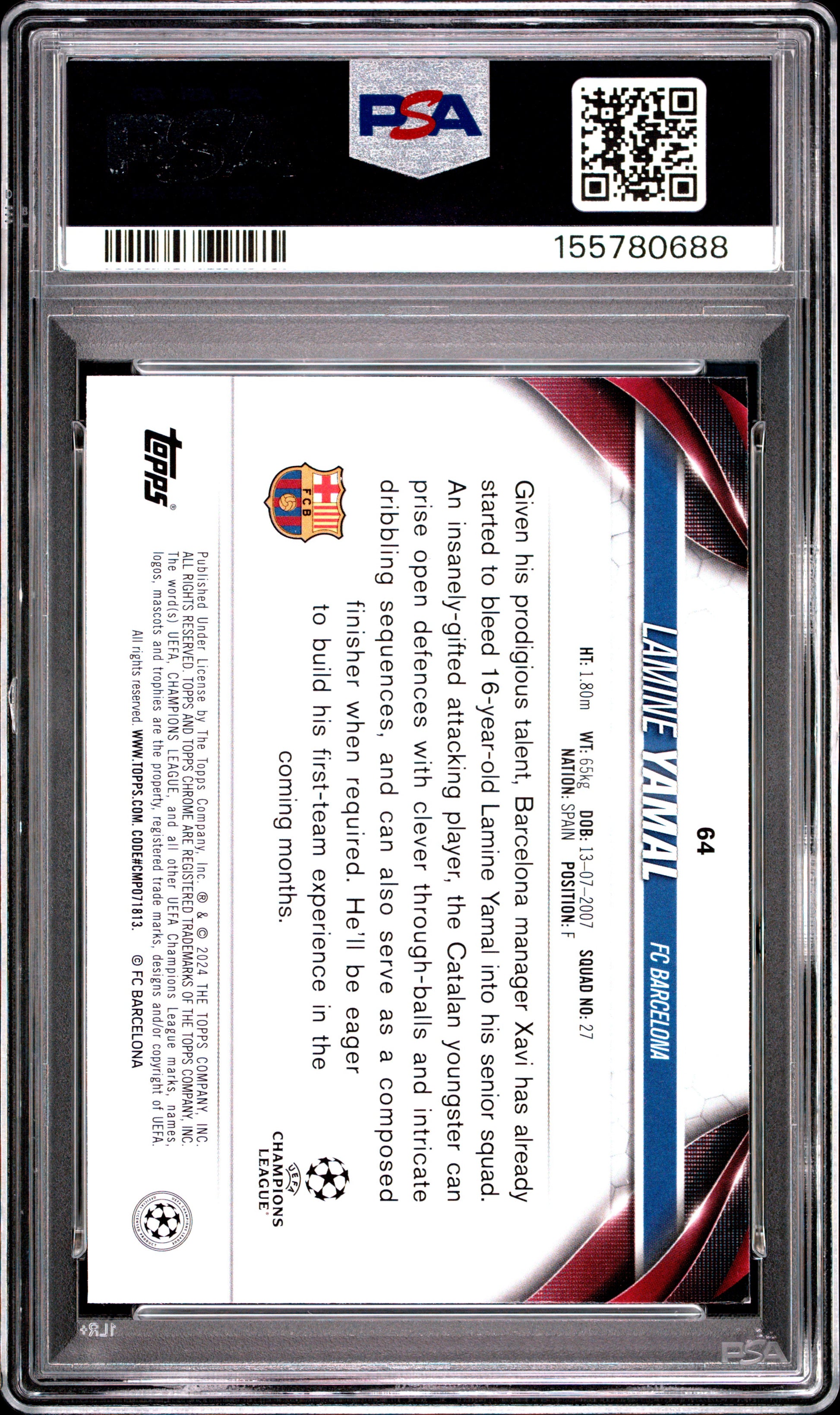 2023-24 Topps Chrome Uefa Club Competitions #64 Lamine Yamal RC PSA 9 (0688)