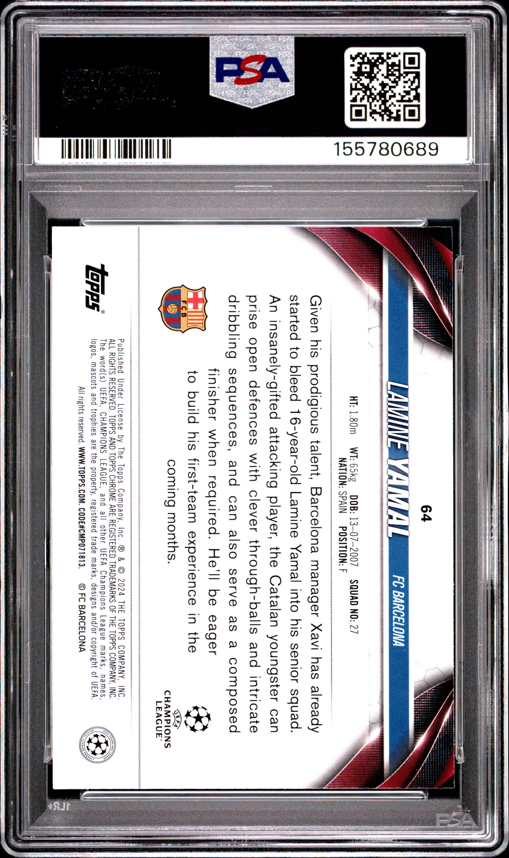 2023-24 Topps Chrome Uefa Club Competitions #64 Lamine Yamal PSA 9 (0689)