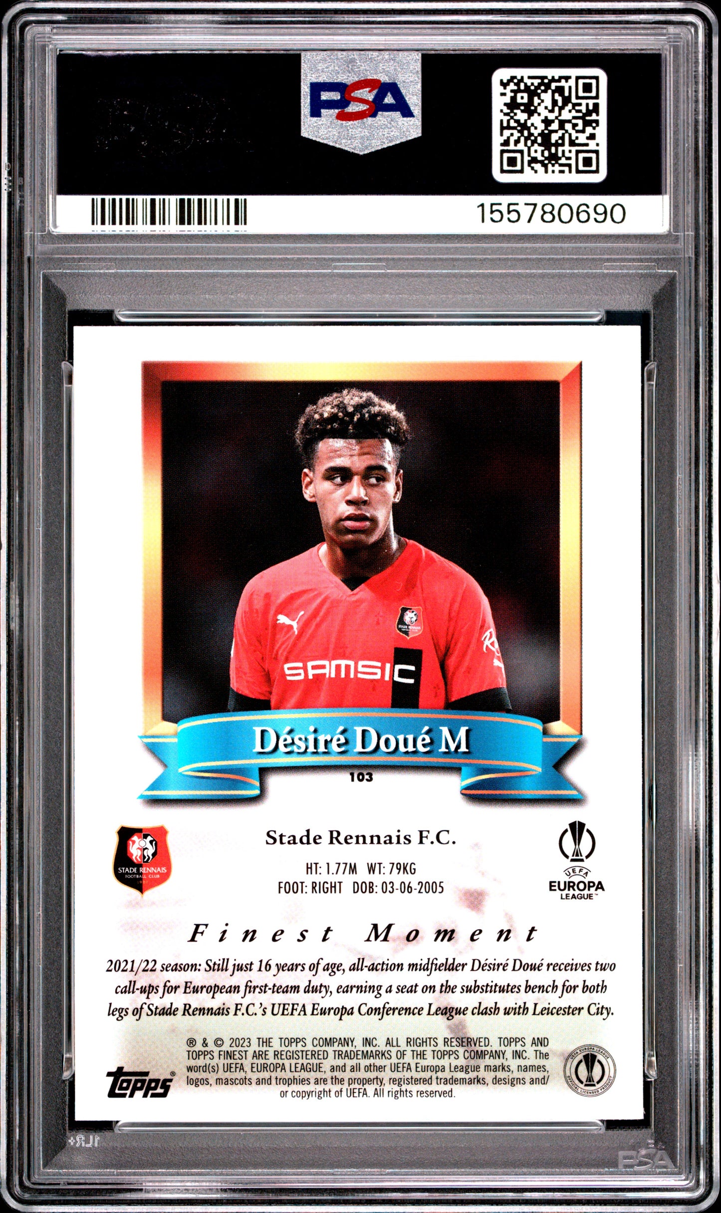 2022-23 Topps Finest Flashbacks Uefa Club Competitions #103 Desire Doue RC PSA 8