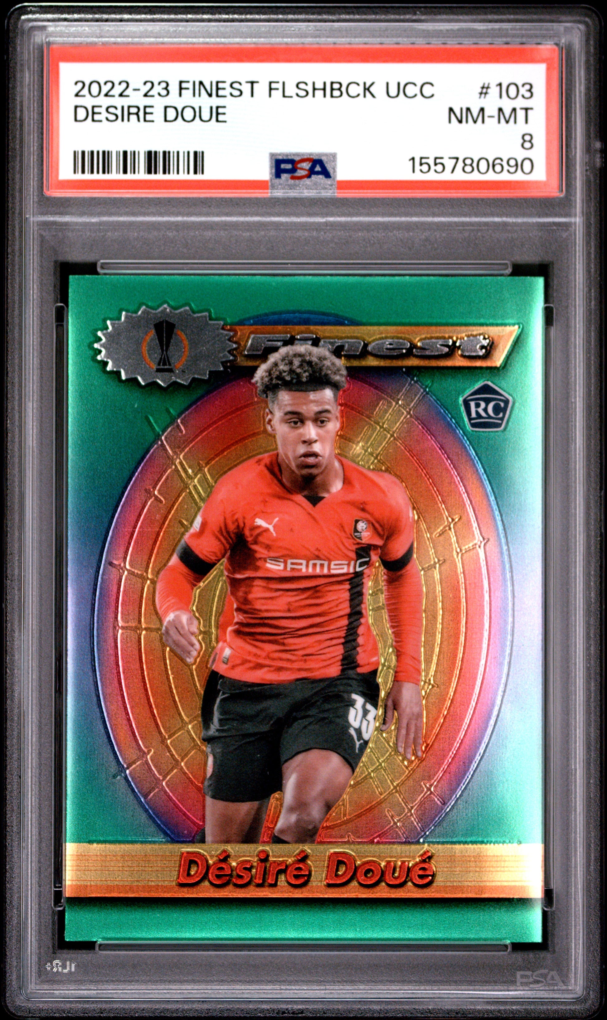 2022-23 Topps Finest Flashbacks Uefa Club Competitions #103 Desire Doue RC PSA 8