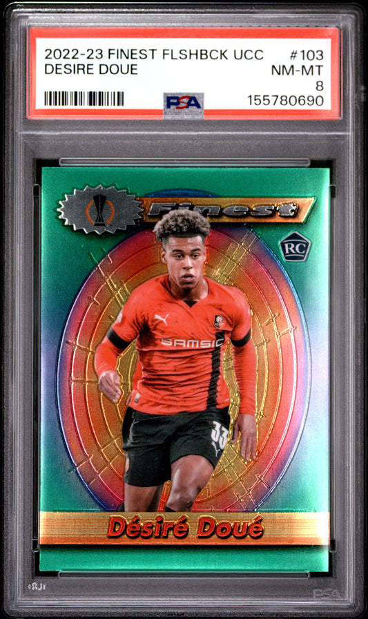 2022-23 Topps Finest Flashbacks Uefa Club Competitions #103 Desire Doue RC PSA 8