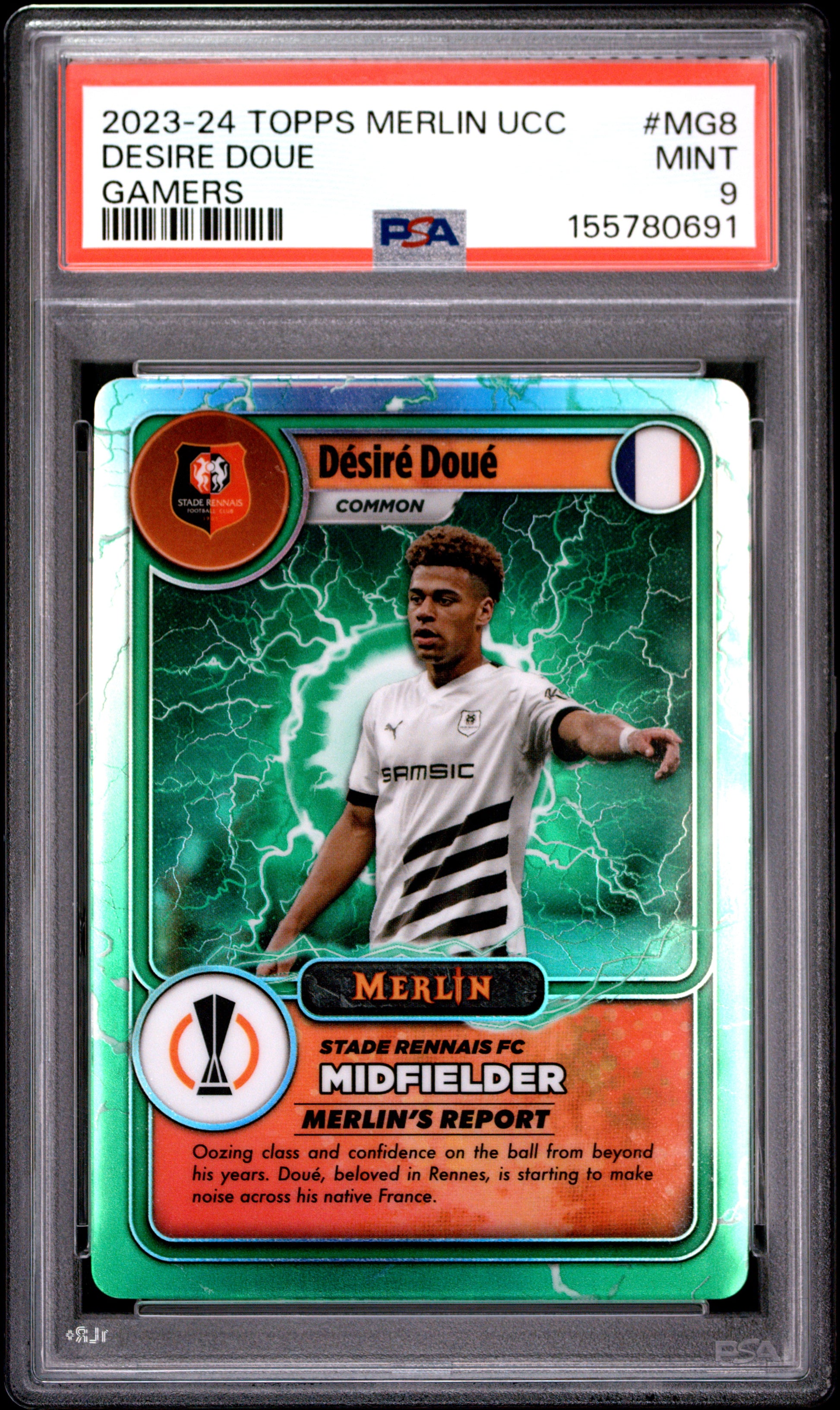 2023-24 Topps Merlin Uefa Club Comp. Merlin's Gamers #MG8 Desire Doue PSA 9