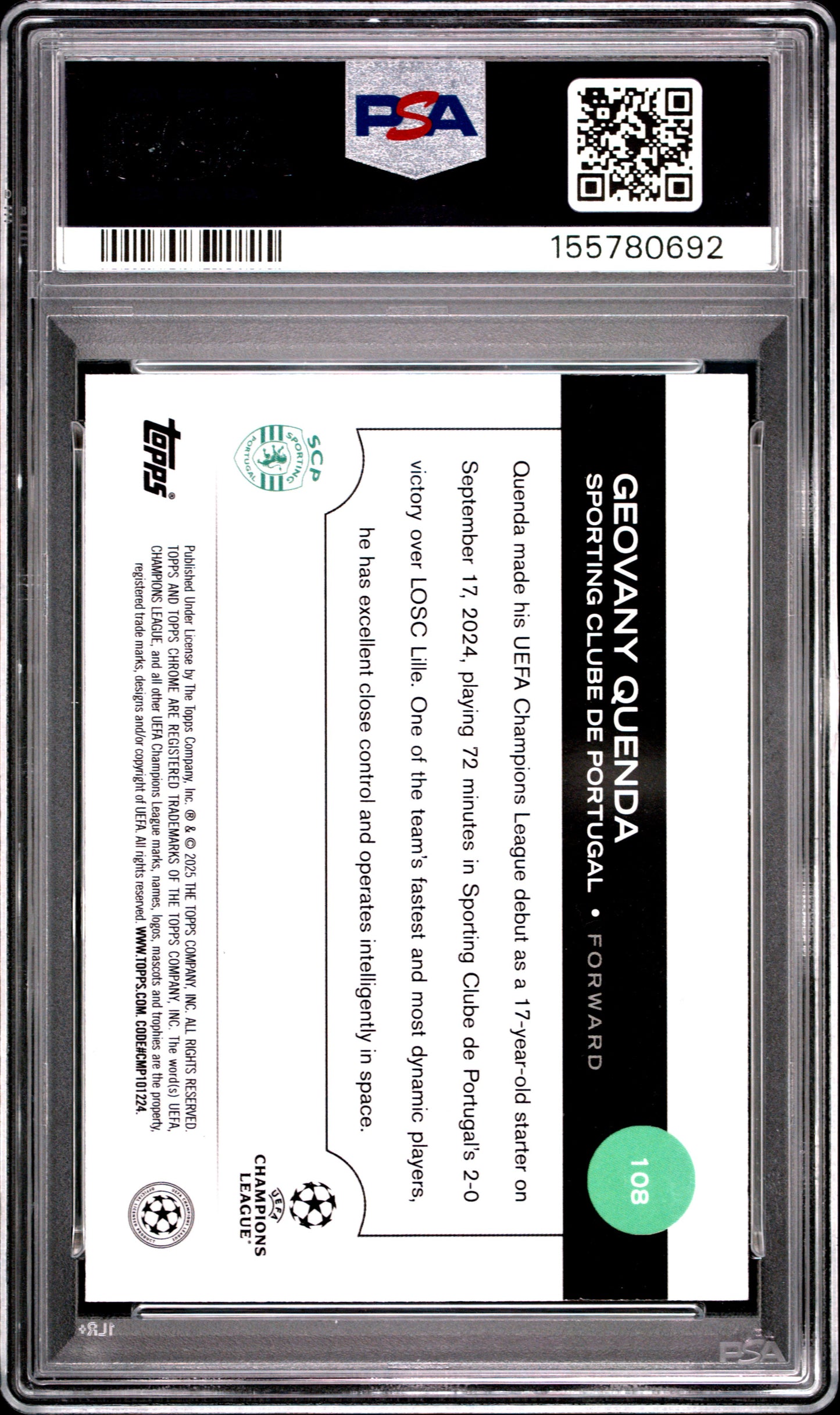 2024-25 Topps Chrome Uefa Club Competitions #108 Wave Geovany Quenda RC PSA 10