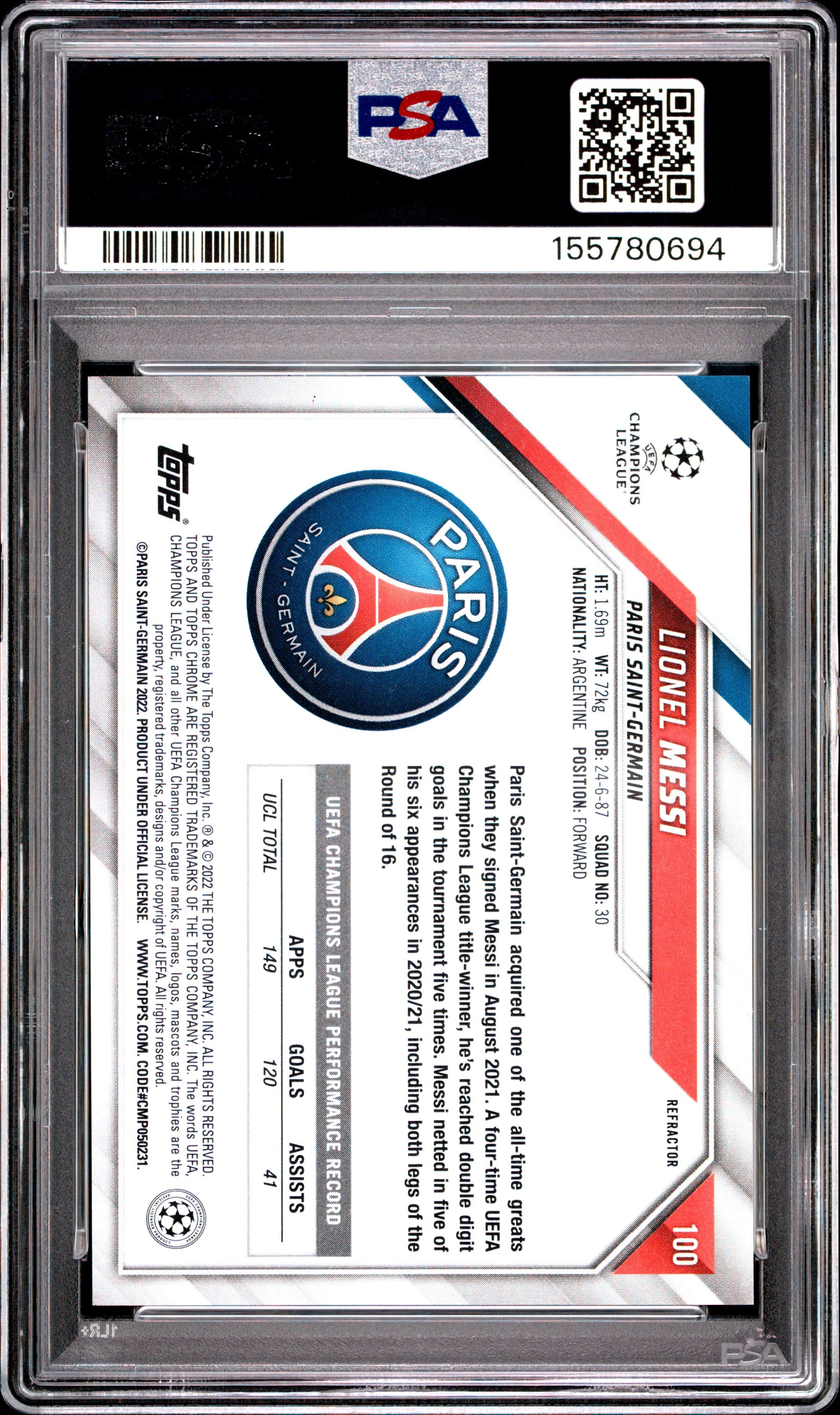 2021 Topps Chrome Uefa Champions League #100 Refractor Lionel Messi PSA 9