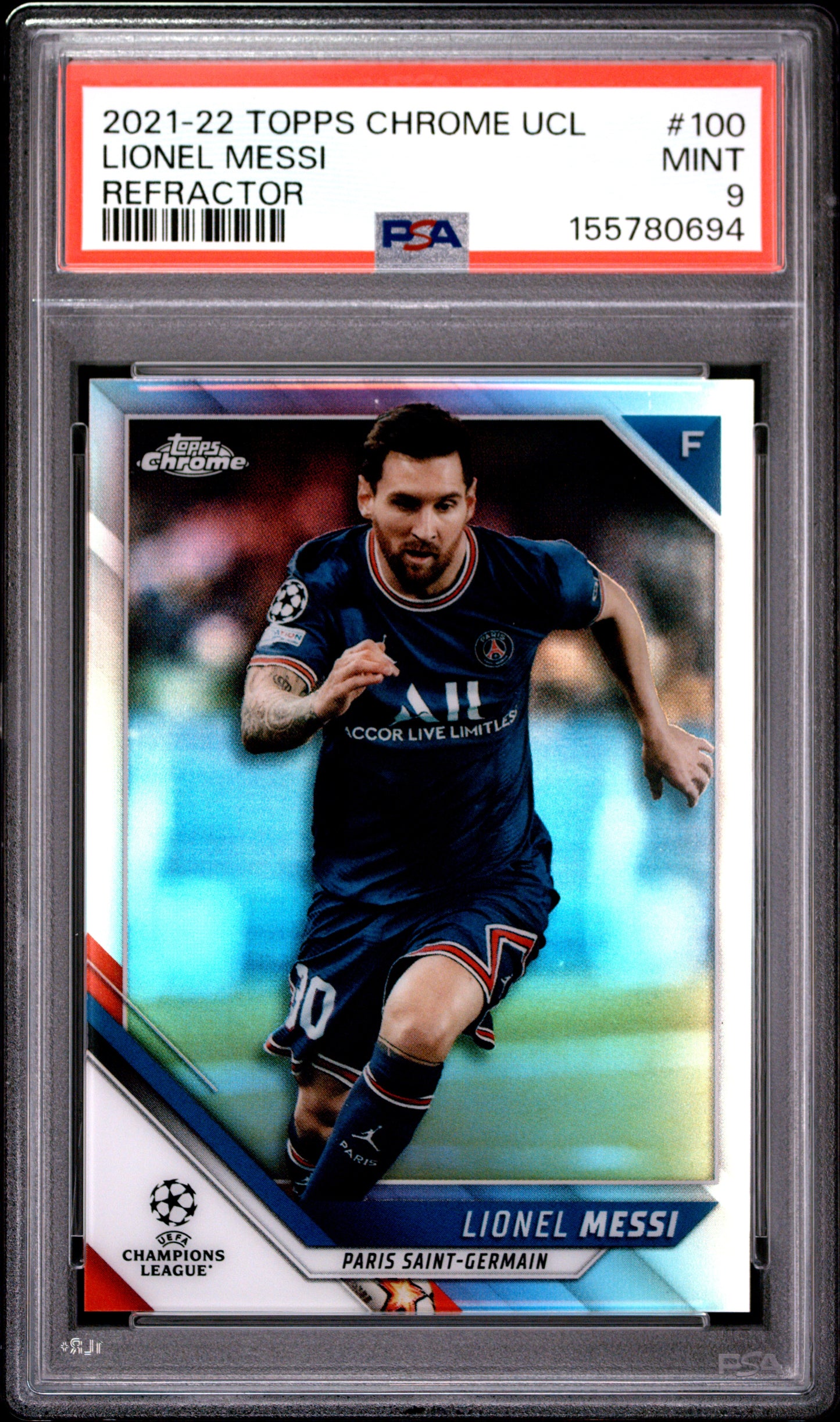 2021 Topps Chrome Uefa Champions League #100 Refractor Lionel Messi PSA 9