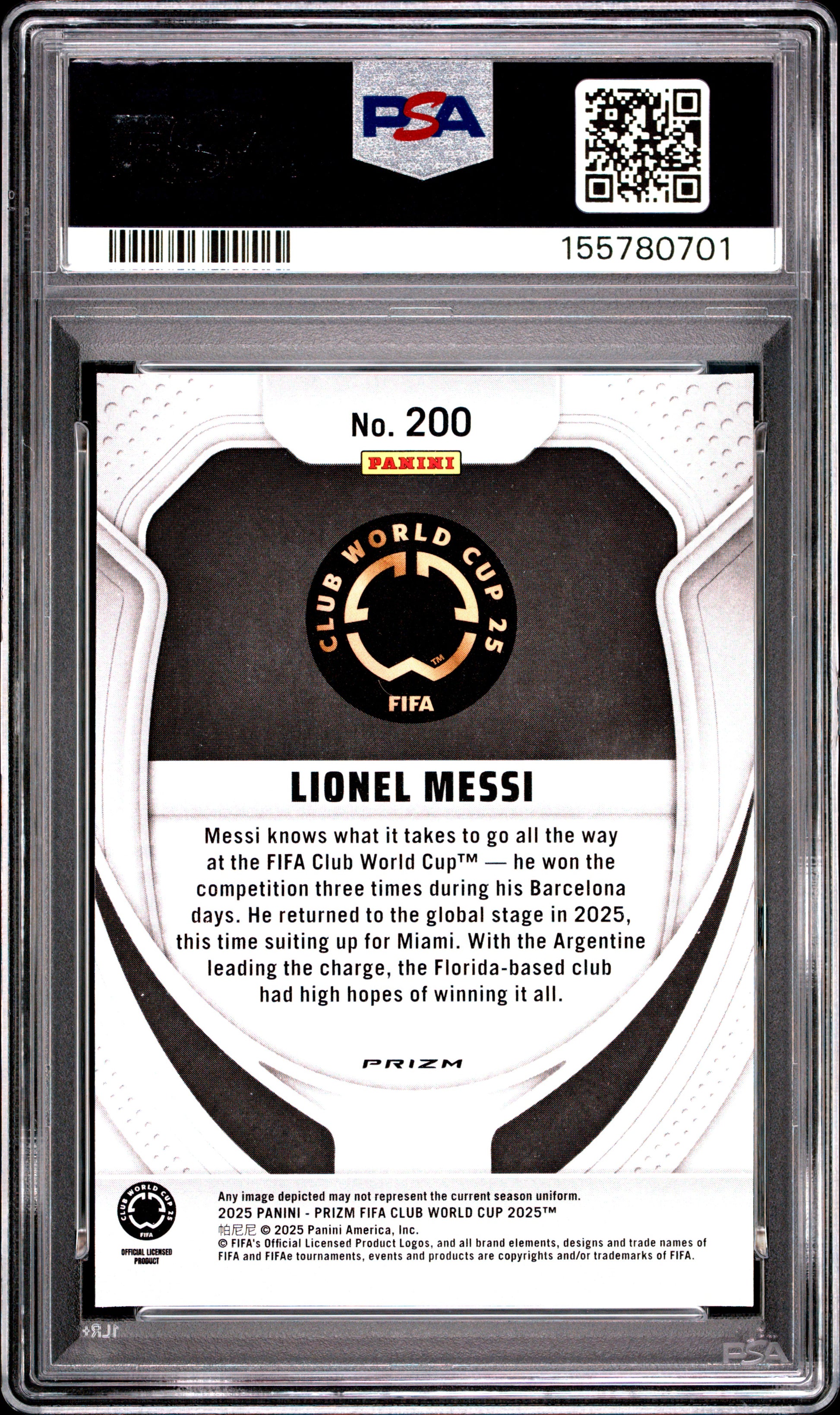 2025 Panini Prizm Fifa Club World Cup #200 Seismic Lionel Messi PSA 10