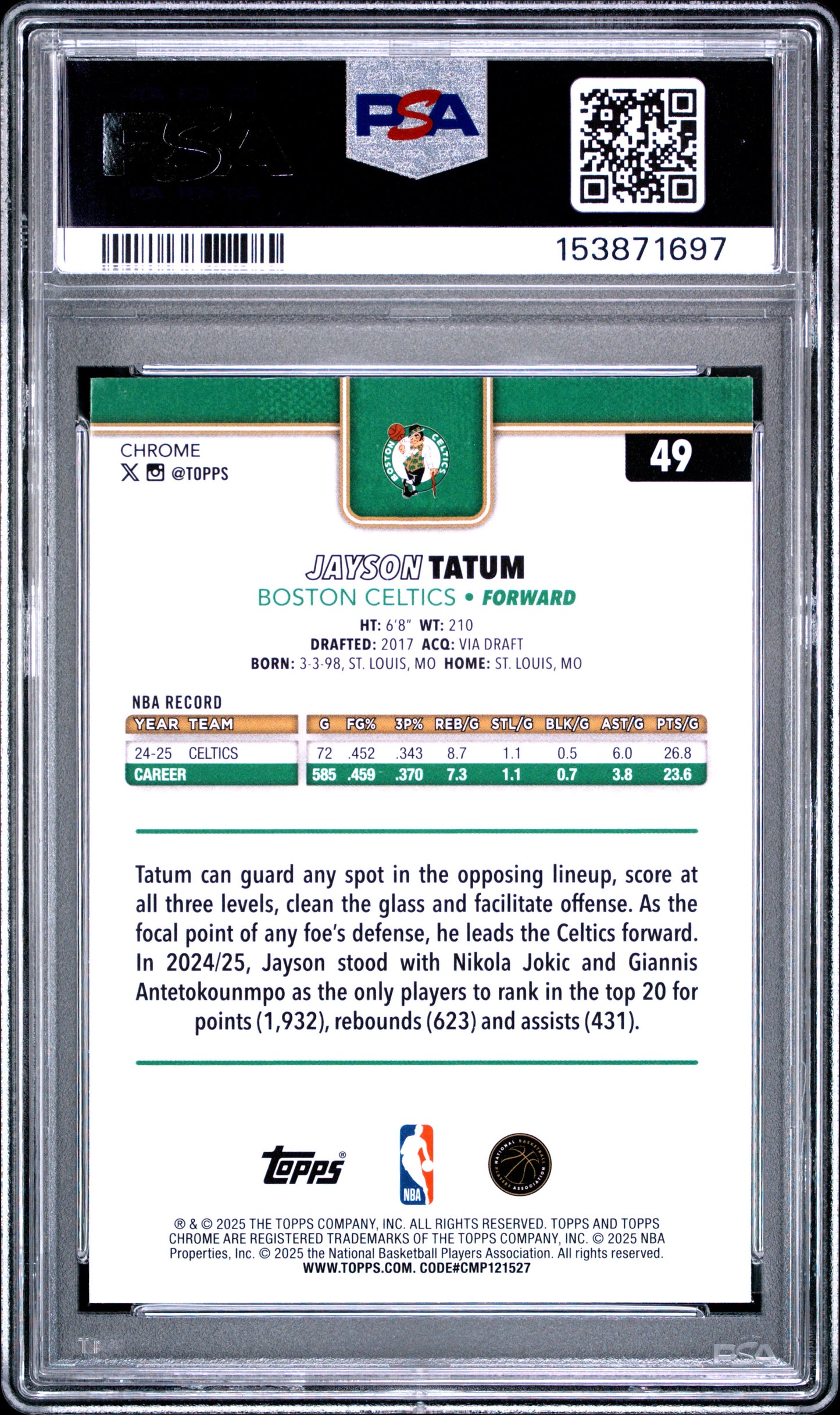 2025 Topps Chrome #49 Jayson Tatum Green Refractor #'d /99 PSA 8