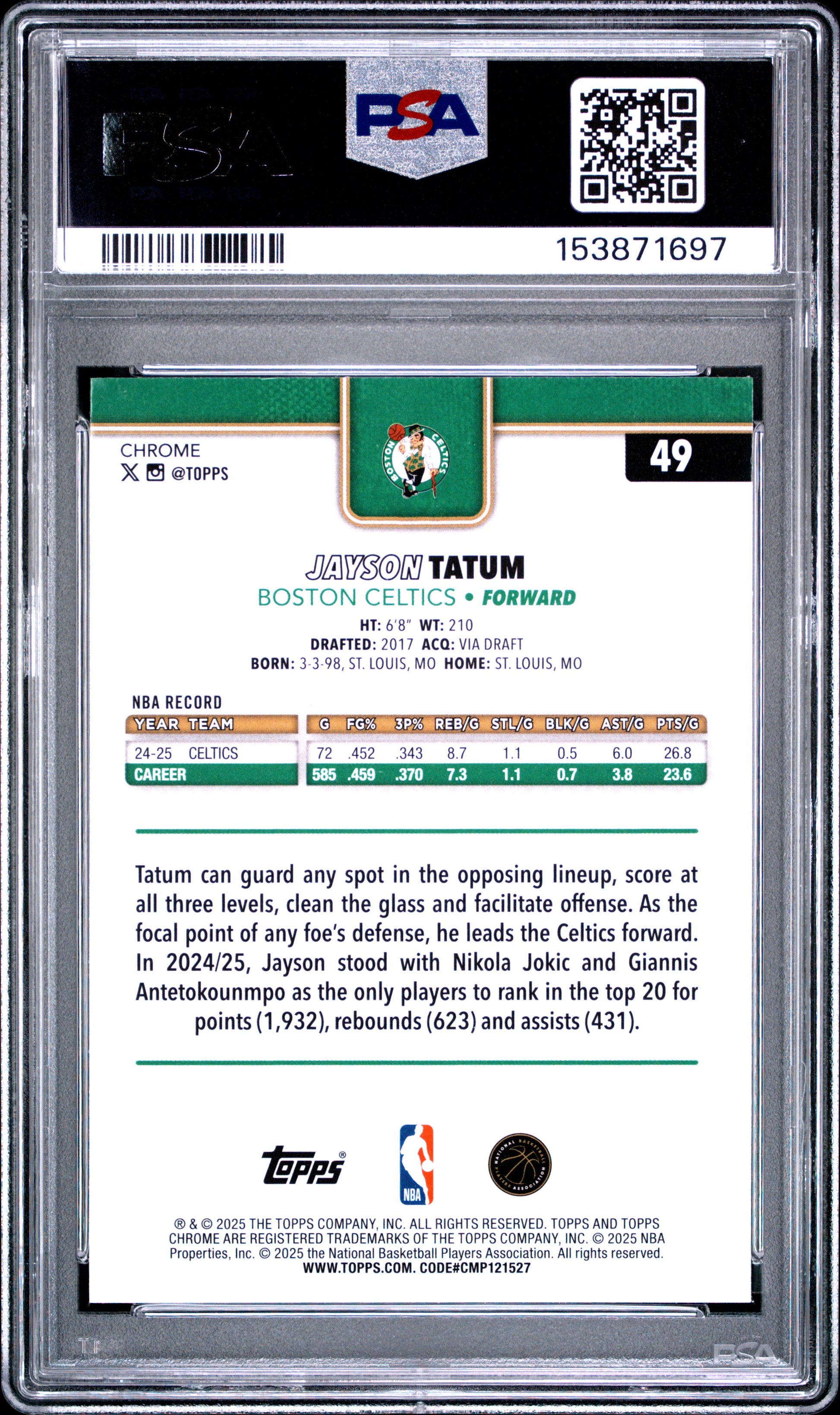 2025 Topps Chrome #49 Jayson Tatum Green Refractor #'d /99 PSA 8