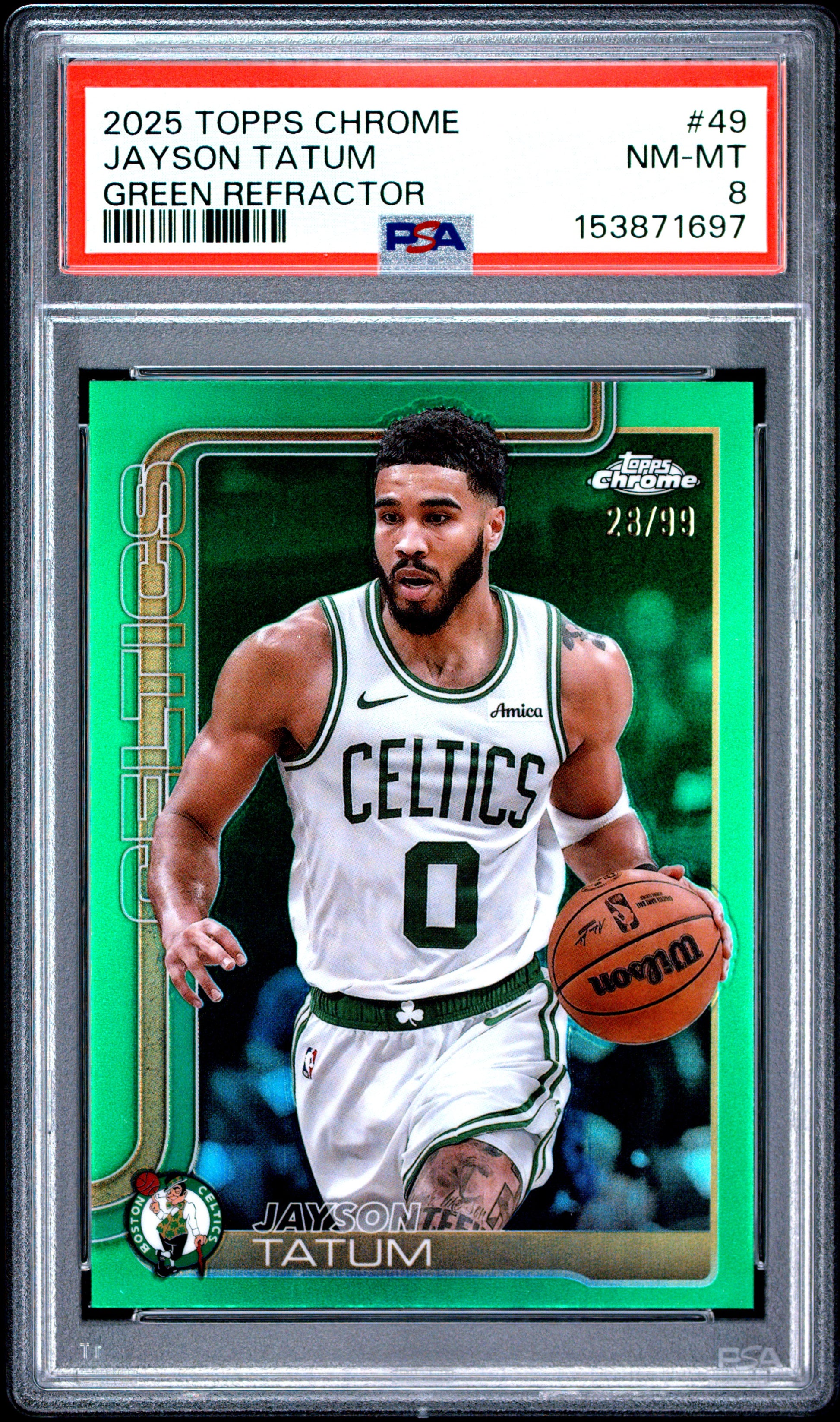 2025 Topps Chrome #49 Jayson Tatum Green Refractor #'d /99 PSA 8
