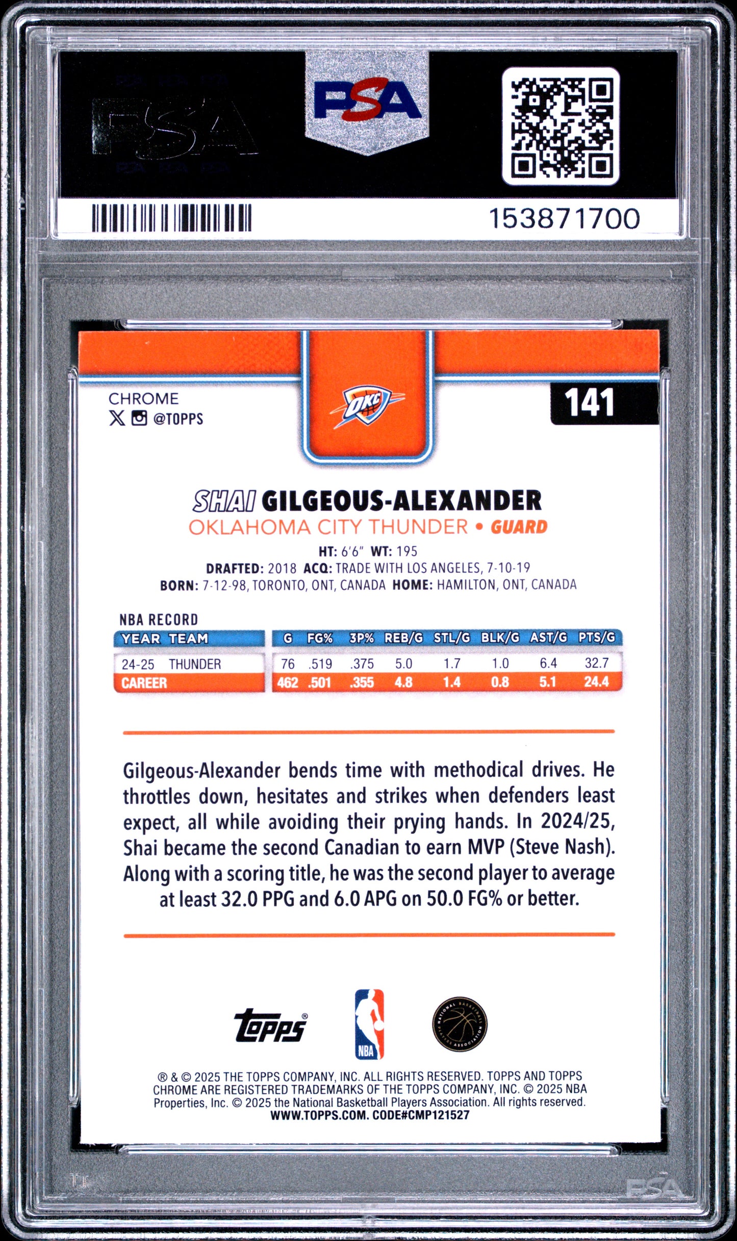 2025 Topps Chrome #141 Refractor Shai Gilgeous-Alexander PSA 10