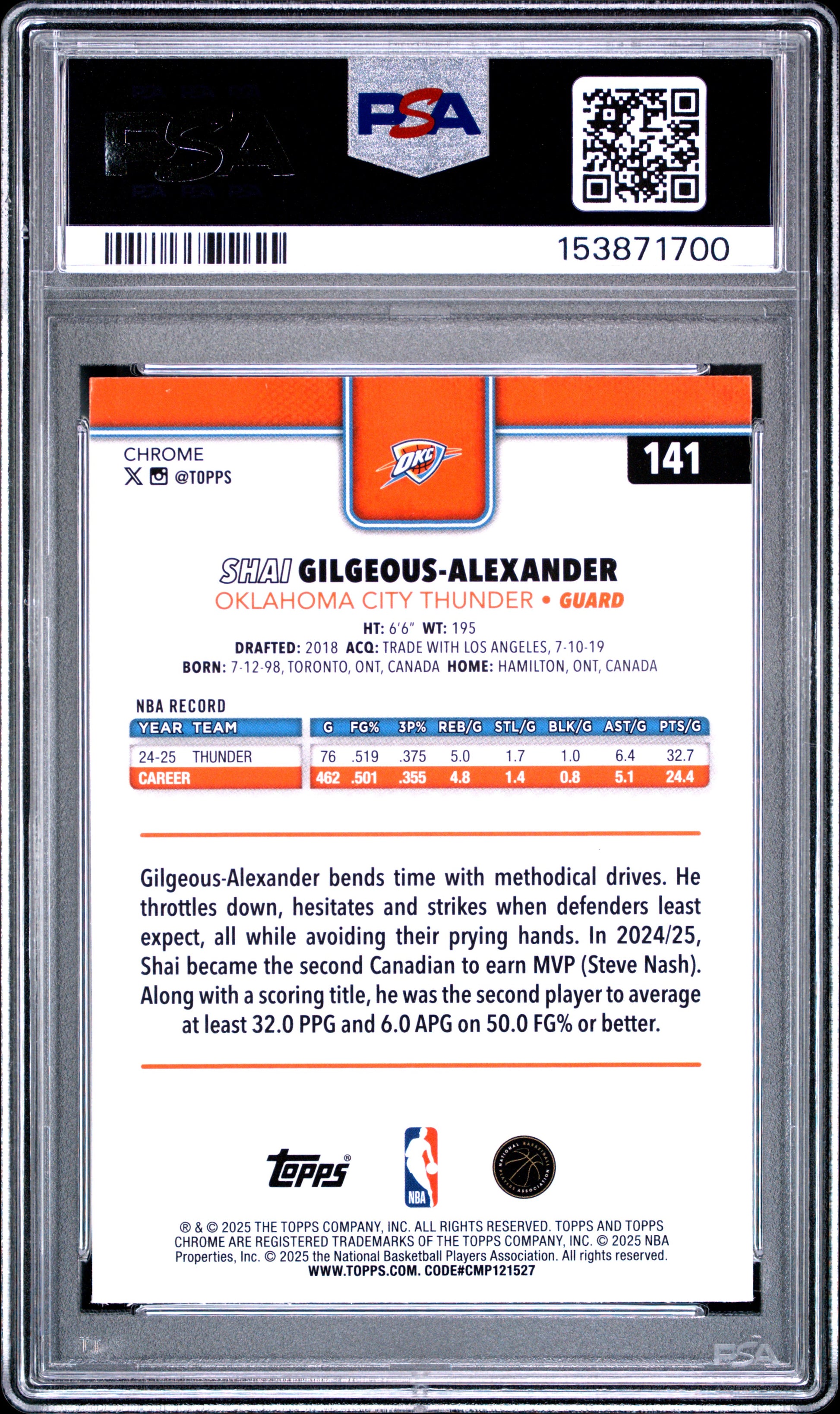 2025 Topps Chrome #141 Refractor Shai Gilgeous-Alexander PSA 10