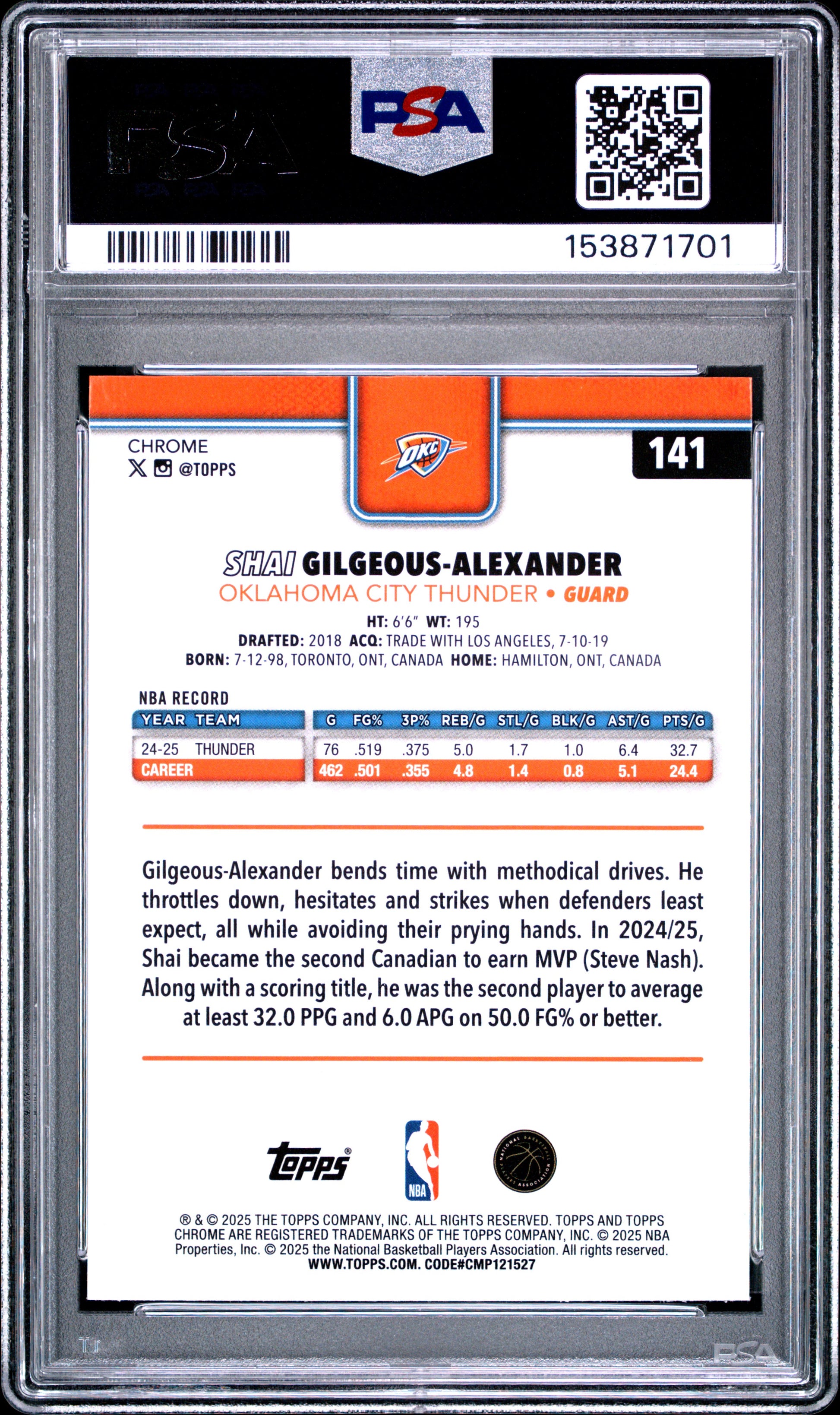 2025 Topps Chrome #141 X-Fractor Shai Gilgeous-Alexander PSA 10