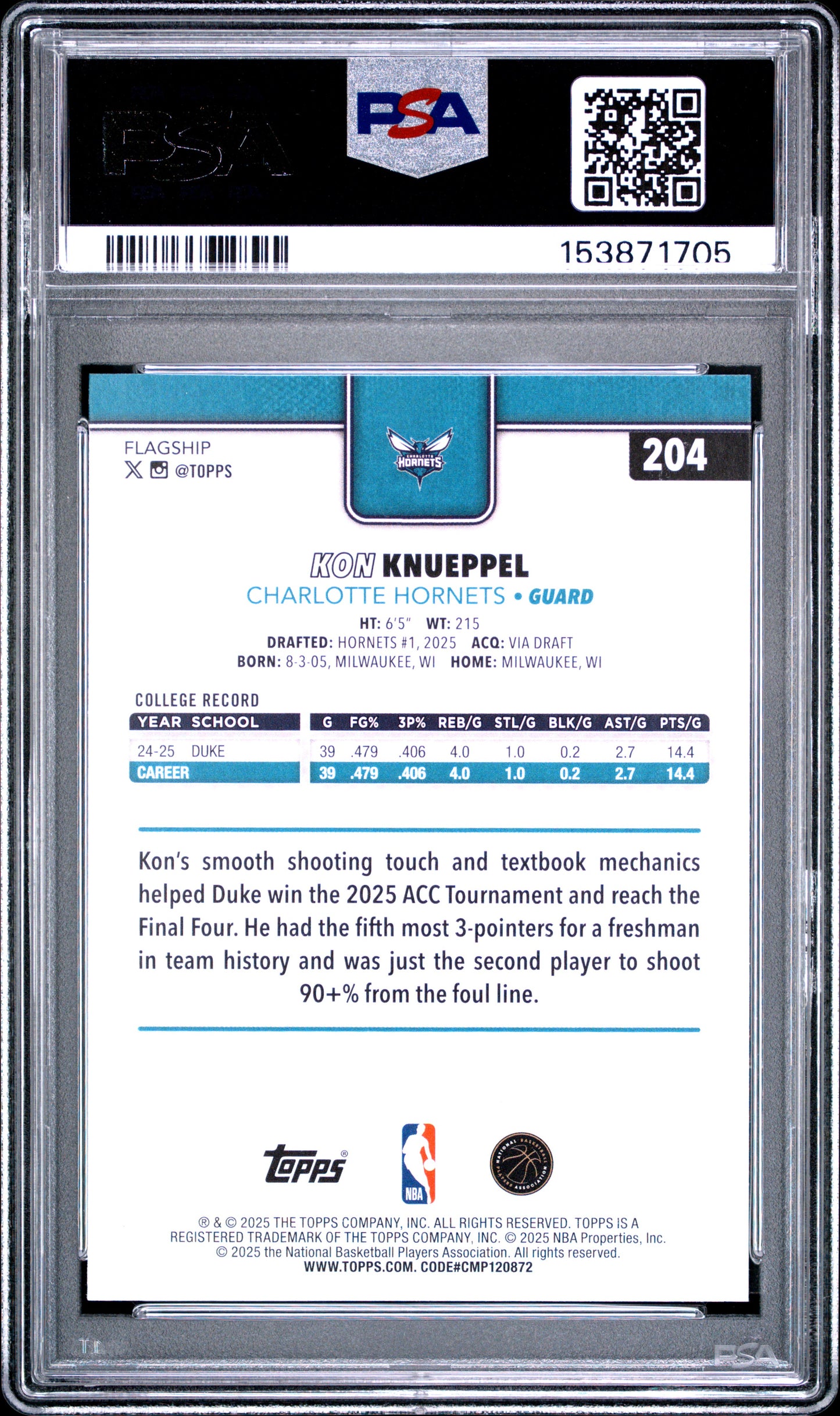 2025 Topps #204 Kon Knueppel RC PSA 10 (1705)