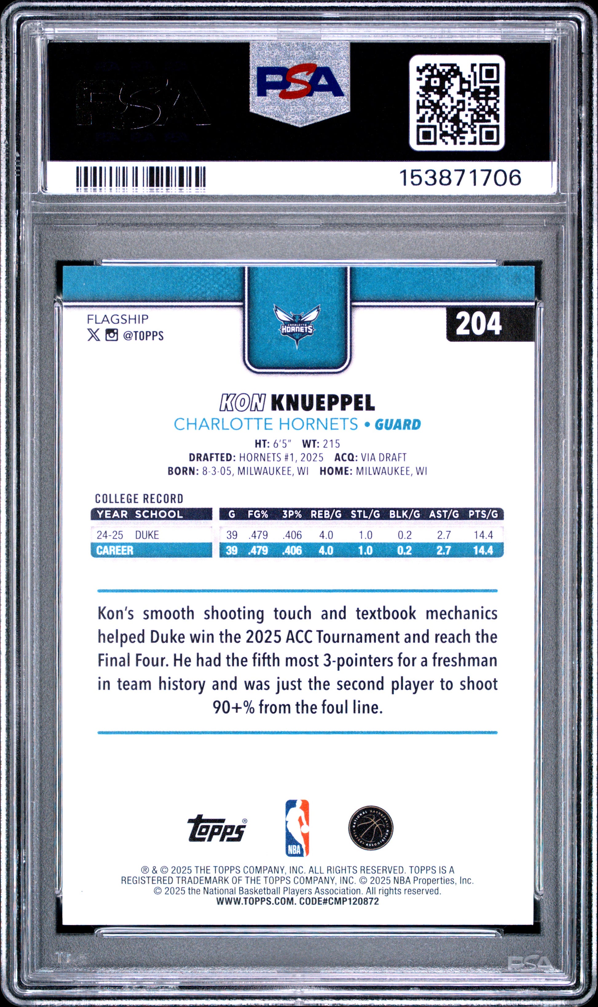 2025 Topps #204 Kon Knueppel RC PSA 9