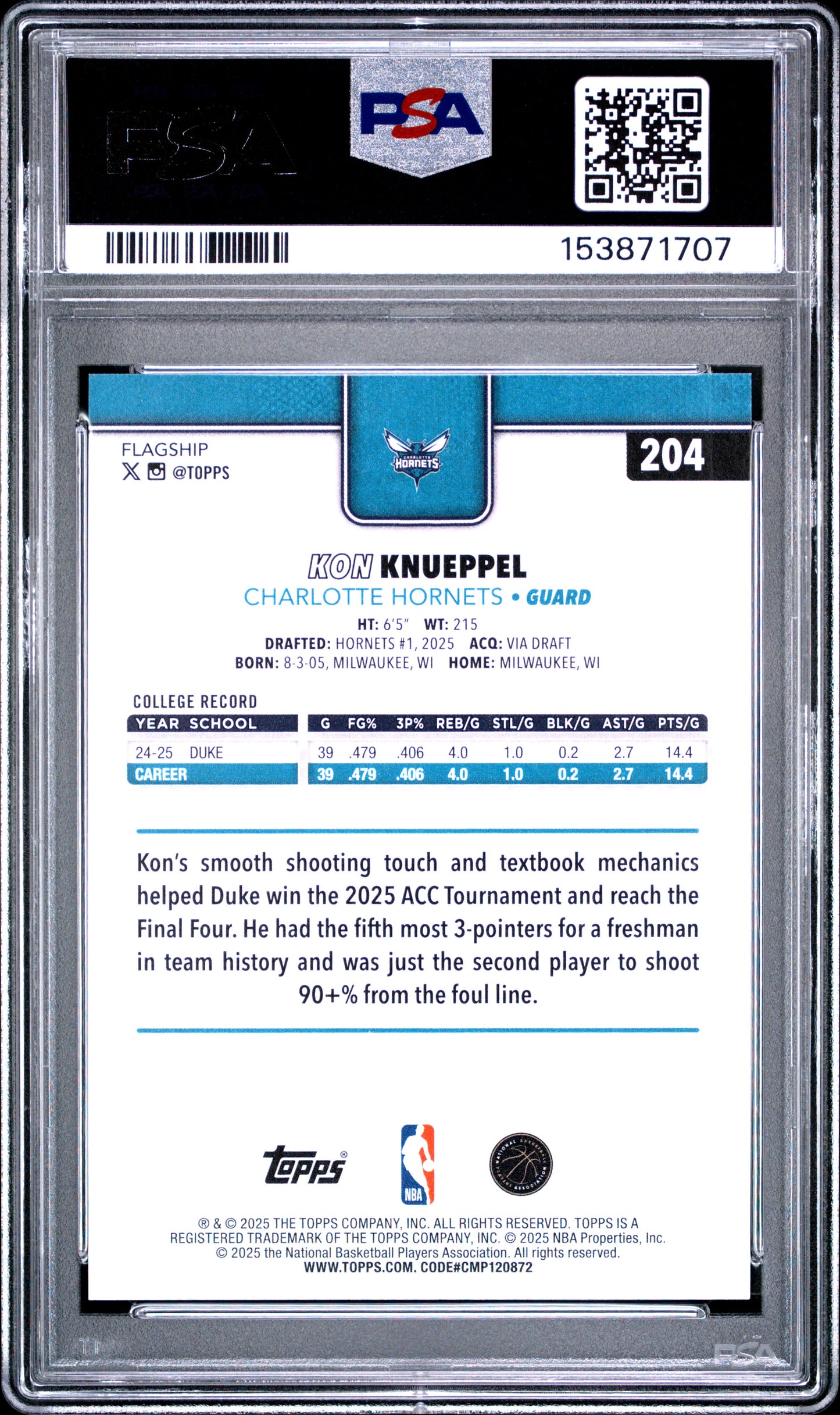 2025 Topps #204 Kon Knueppel RC PSA 9 (1707)