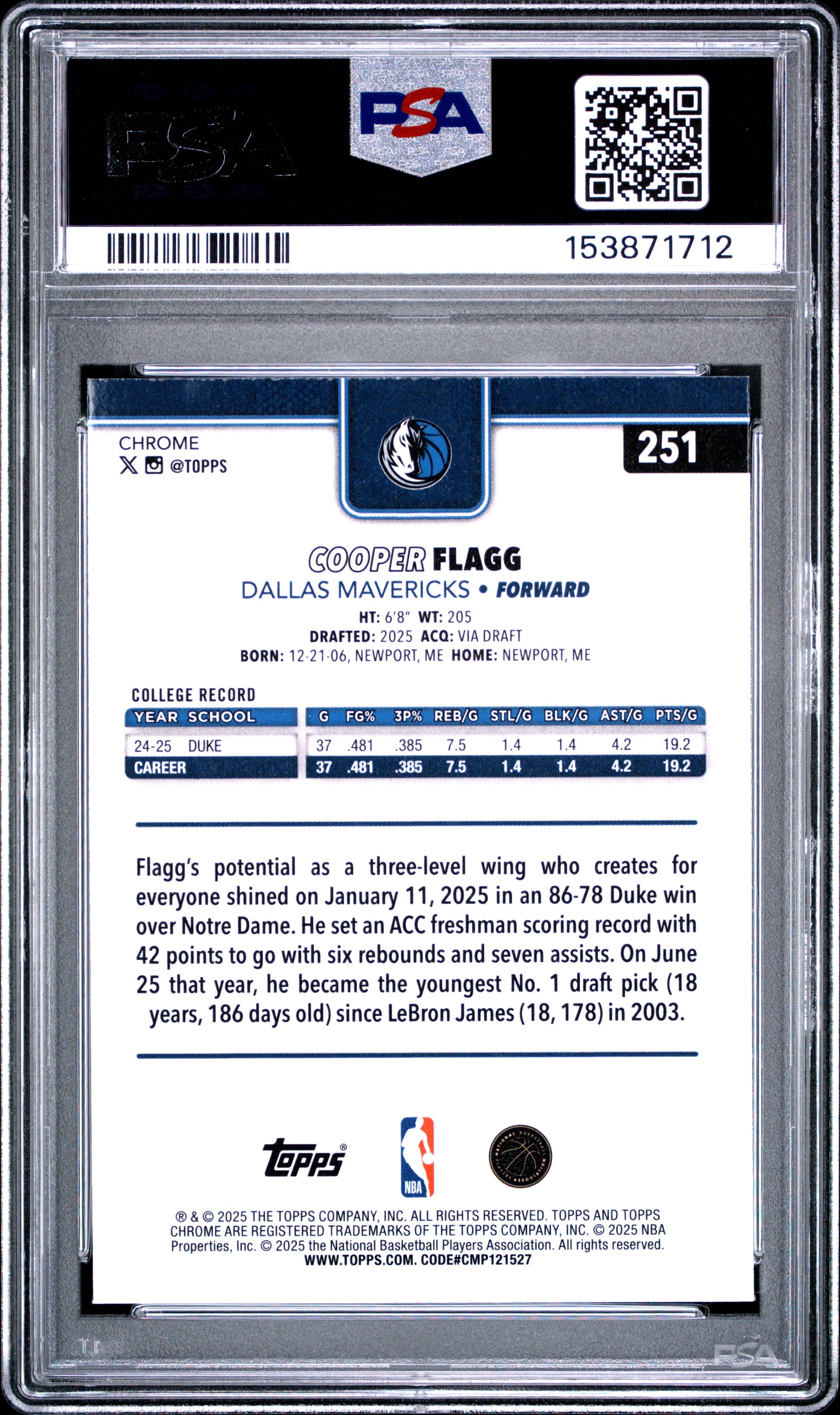 2025 Topps Chrome #251 Cooper Flagg RC PSA 6
