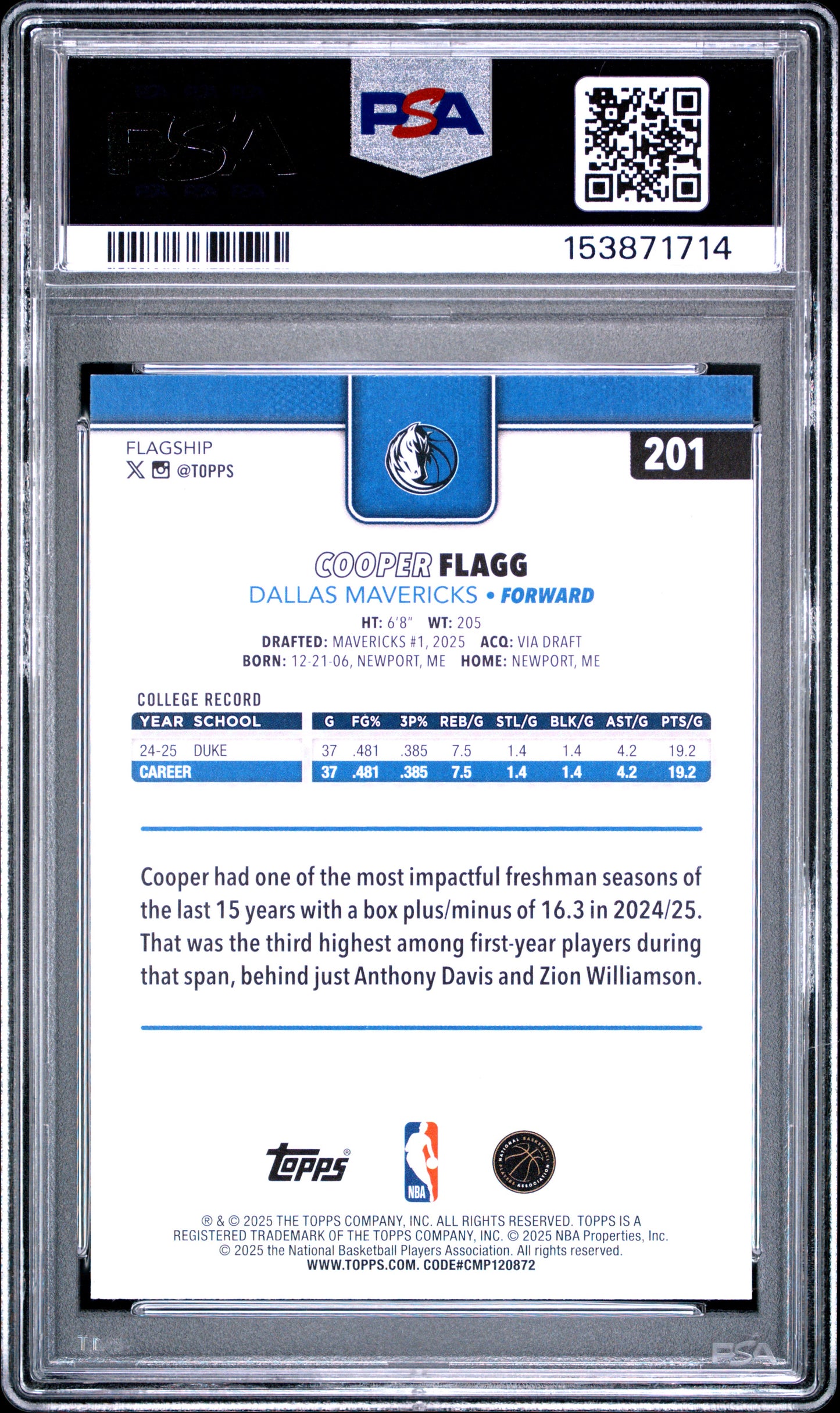 2025 Topps #201 Cooper Flagg RC PSA 10 (1714)