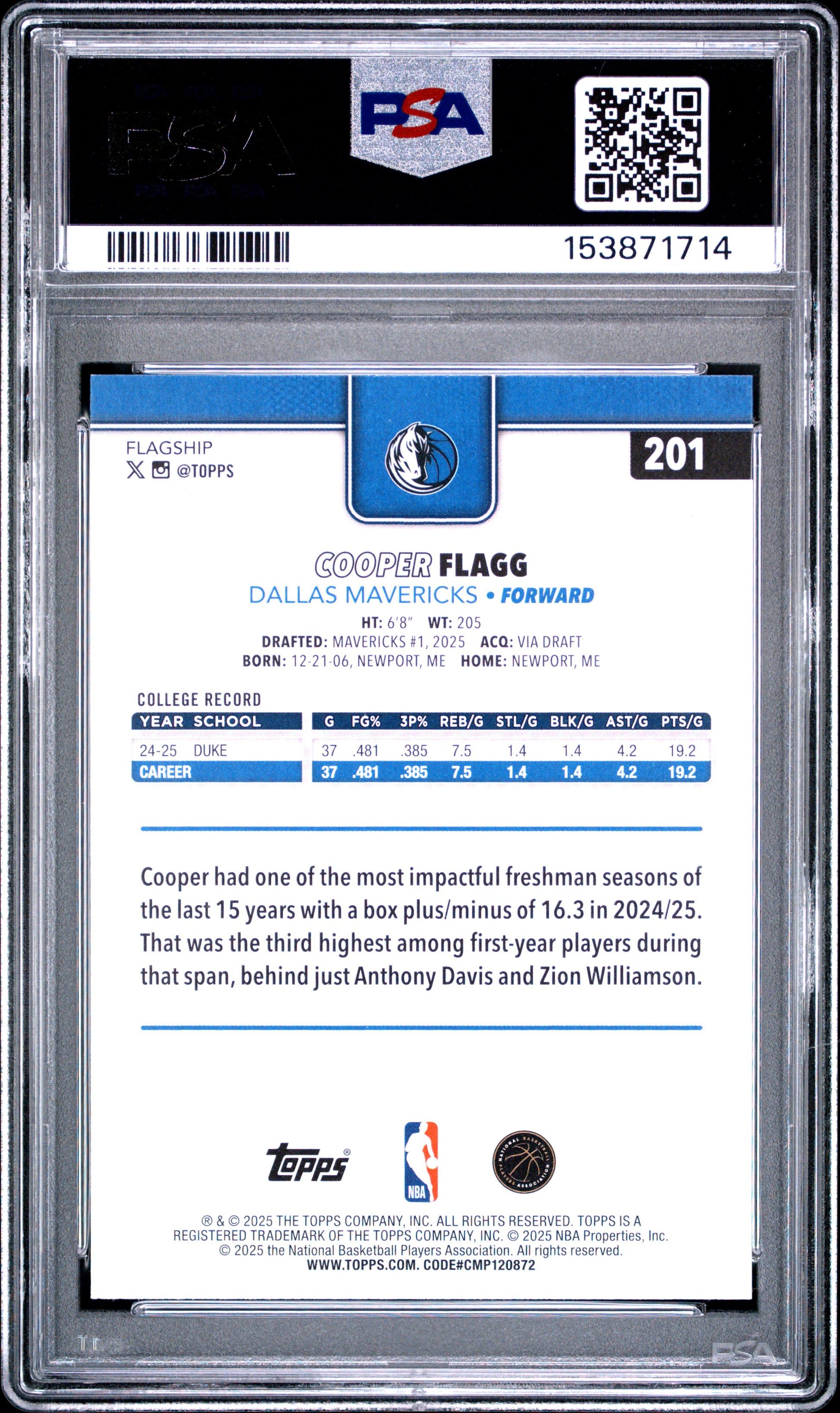 2025 Topps #201 Cooper Flagg RC PSA 10 (1714)