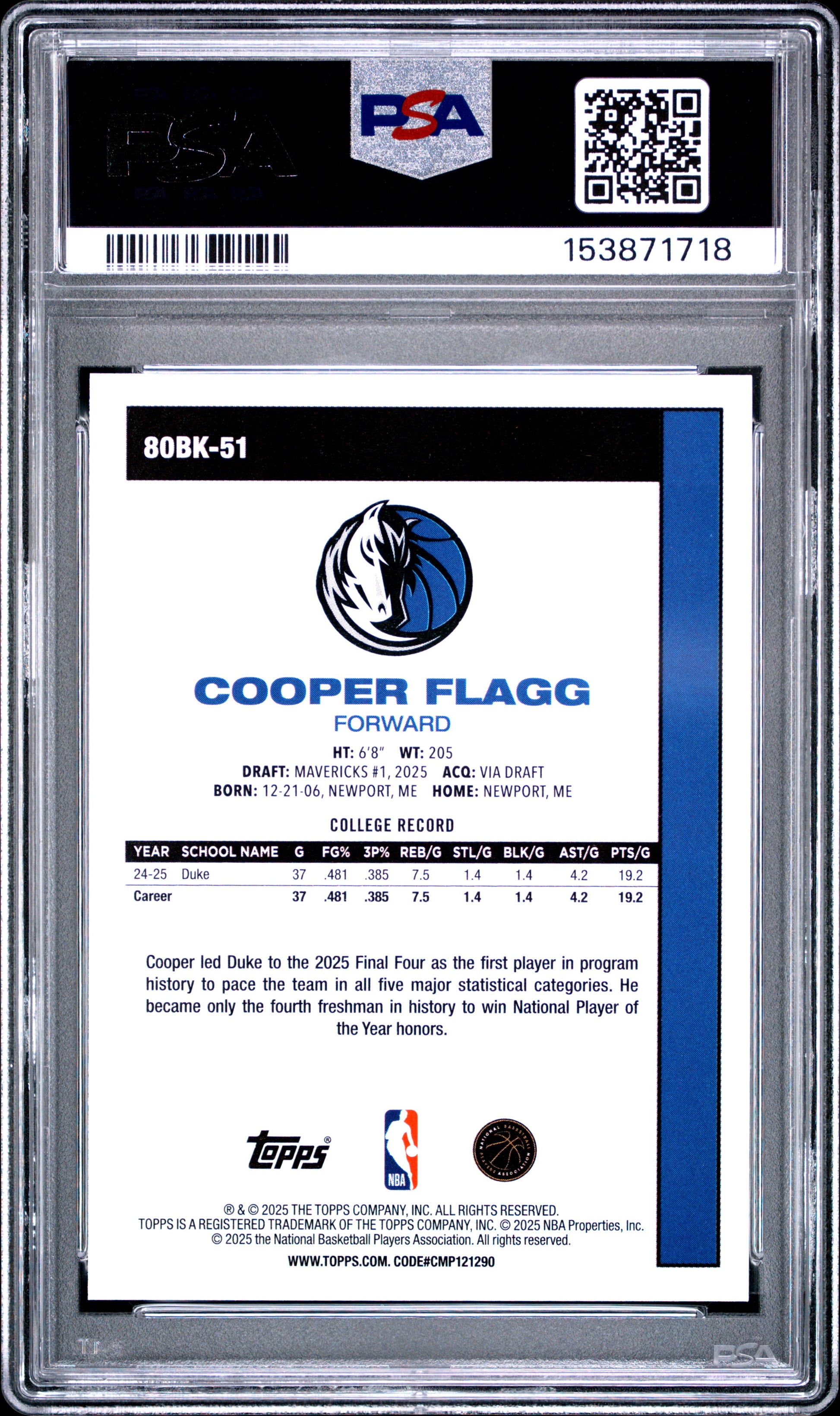 2025 Topps 1980-81 Topps Basketball #80BK-51 Cooper Flagg RC PSA 8 (1718)