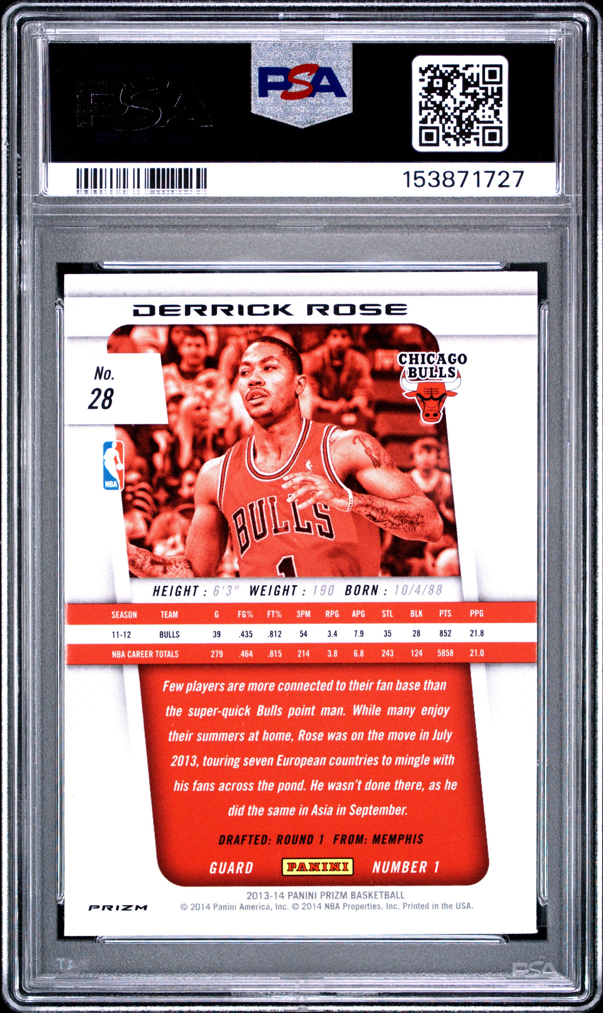 2013 Panini Prizm #28 Monster Box Red White Blue Prizm Derrick Rose PSA 10