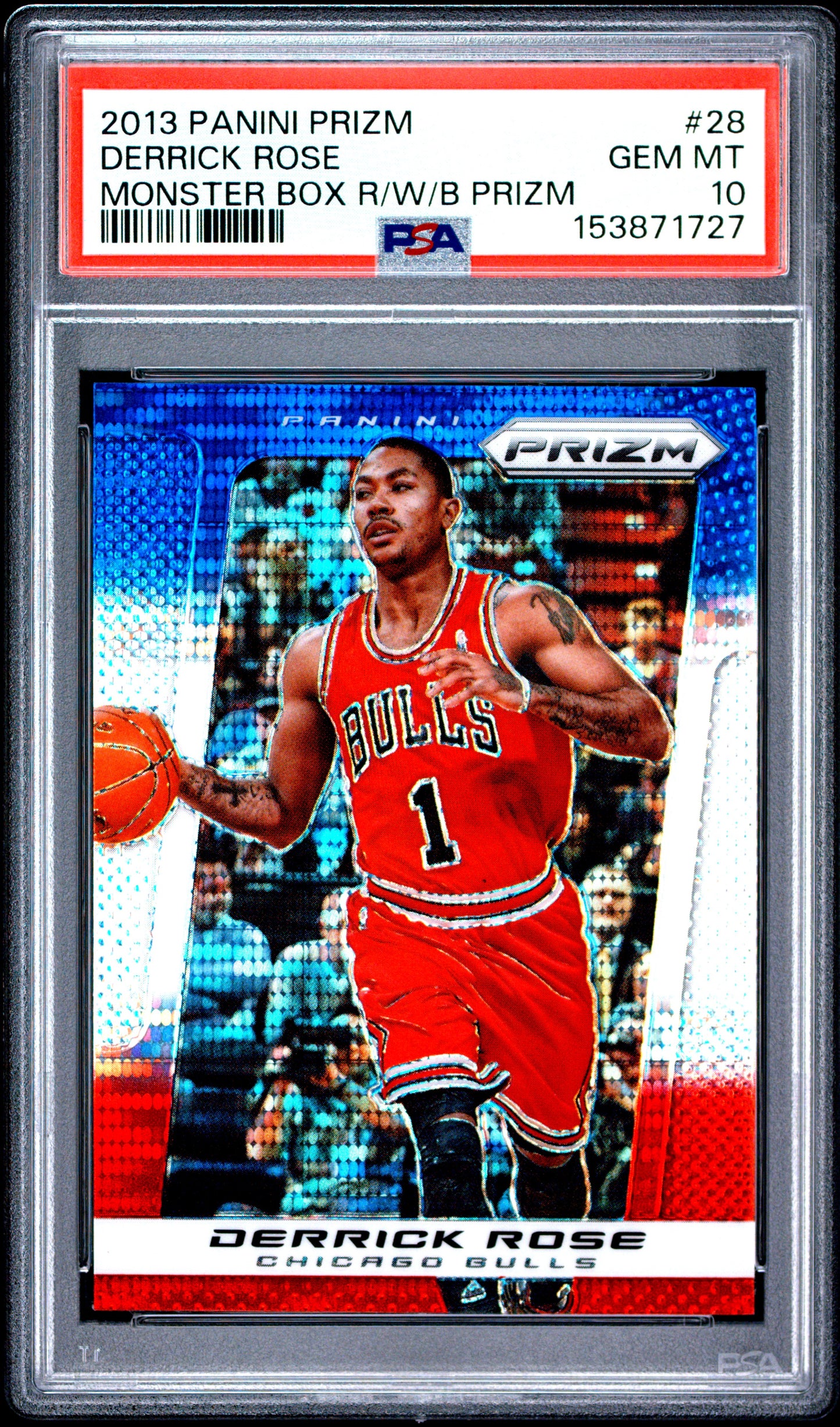 2013 Panini Prizm #28 Monster Box Red White Blue Prizm Derrick Rose PSA 10