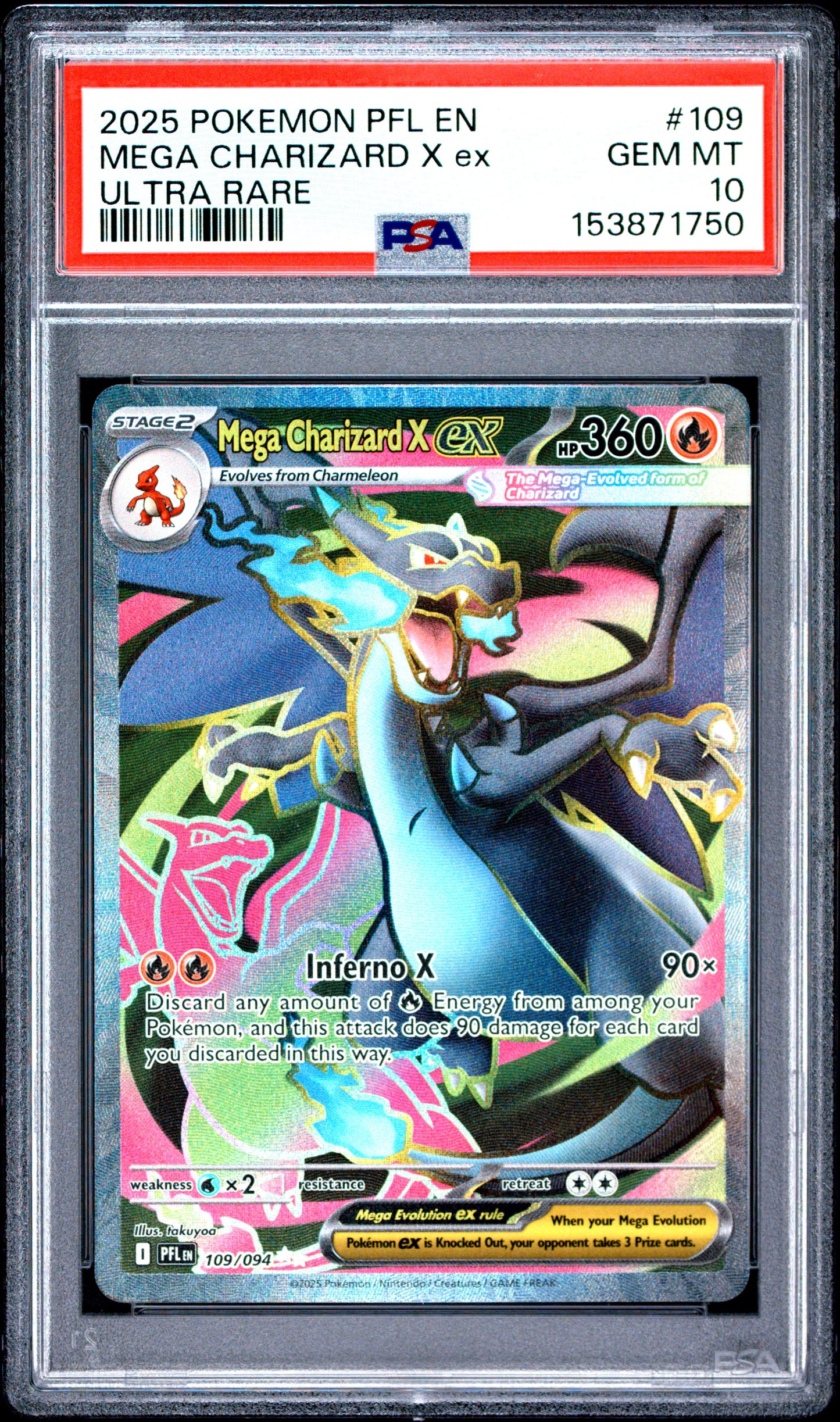 2025 Pokemon Pfl En-Phantasmal Flames #109 Ultra Rare Mega Charizard X Ex PSA 10
