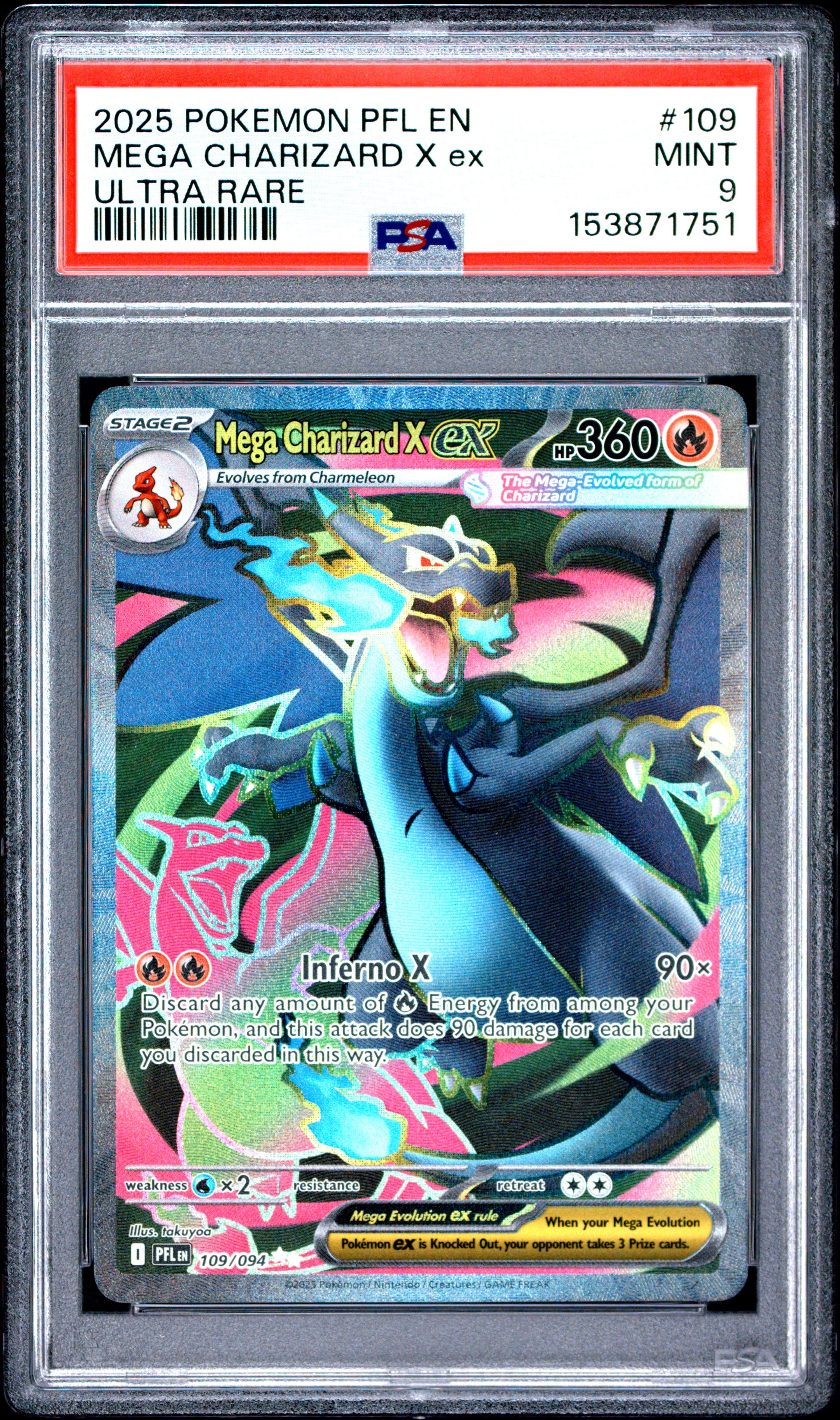 2025 Pokemon Pfl En-Phantasmal Flames #109 Ultra Rare Mega Charizard X Ex PSA 9