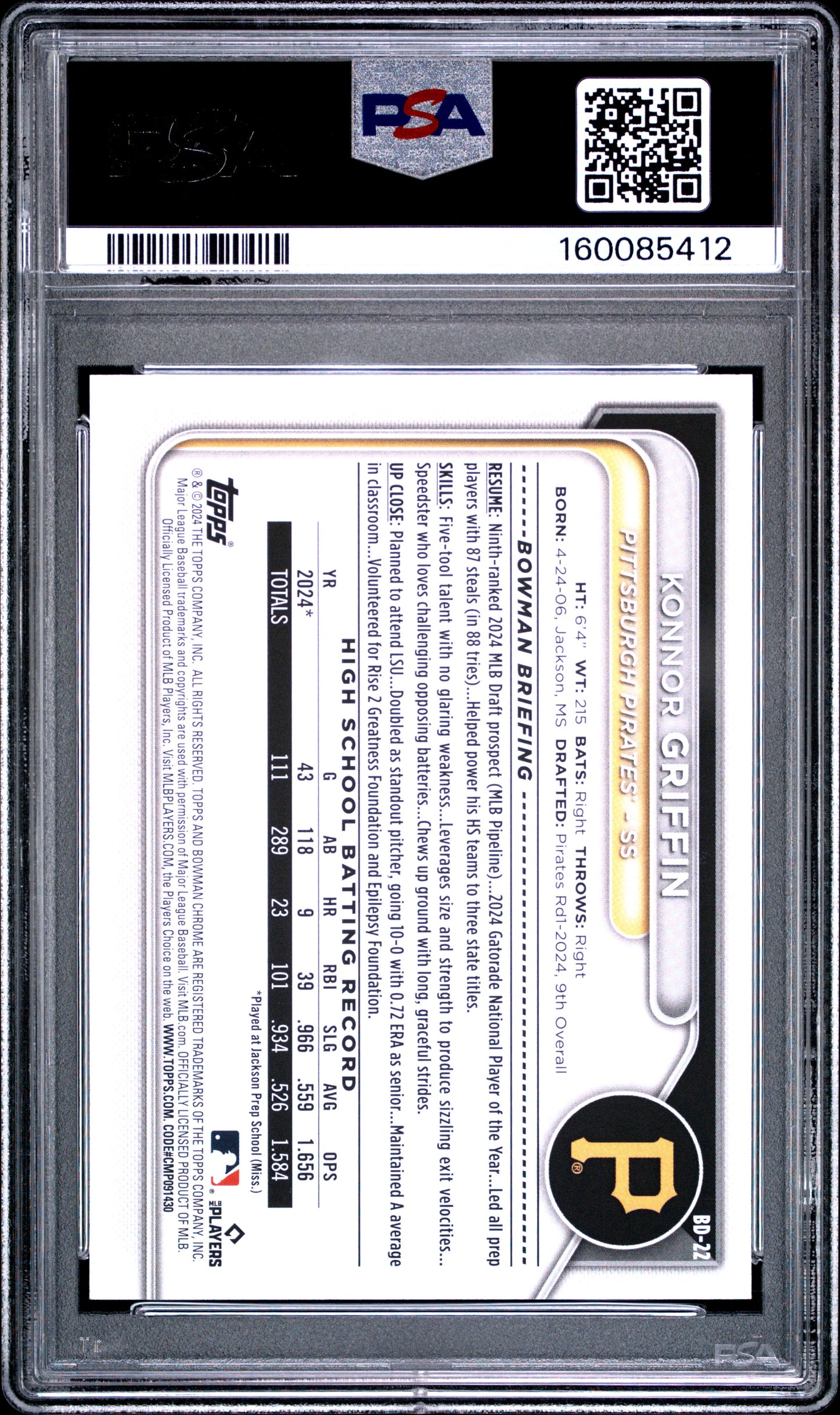 2024 Bowman Draft #BD22 Konnor Griffin PSA 10