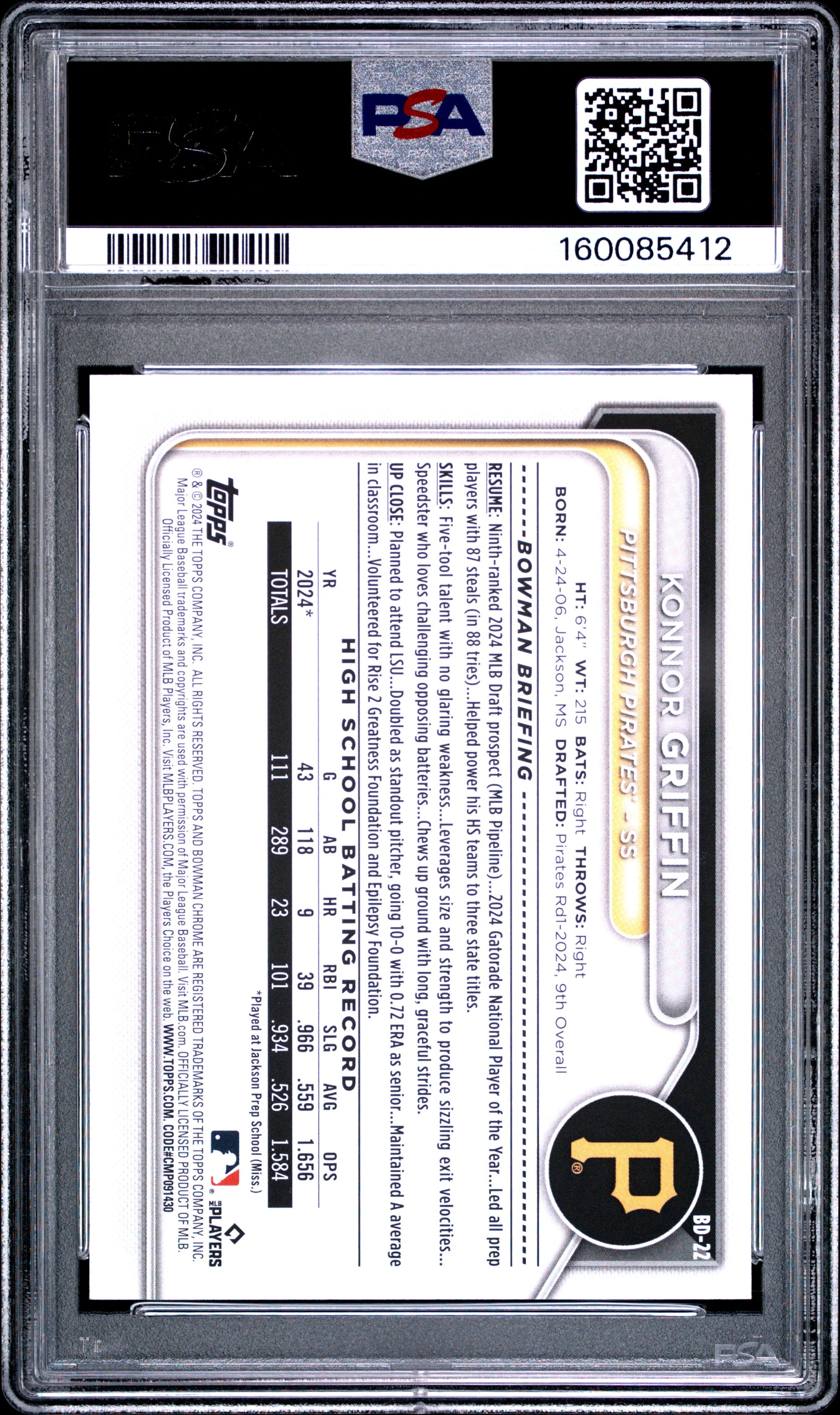 2024 Bowman Draft #BD22 Konnor Griffin PSA 10