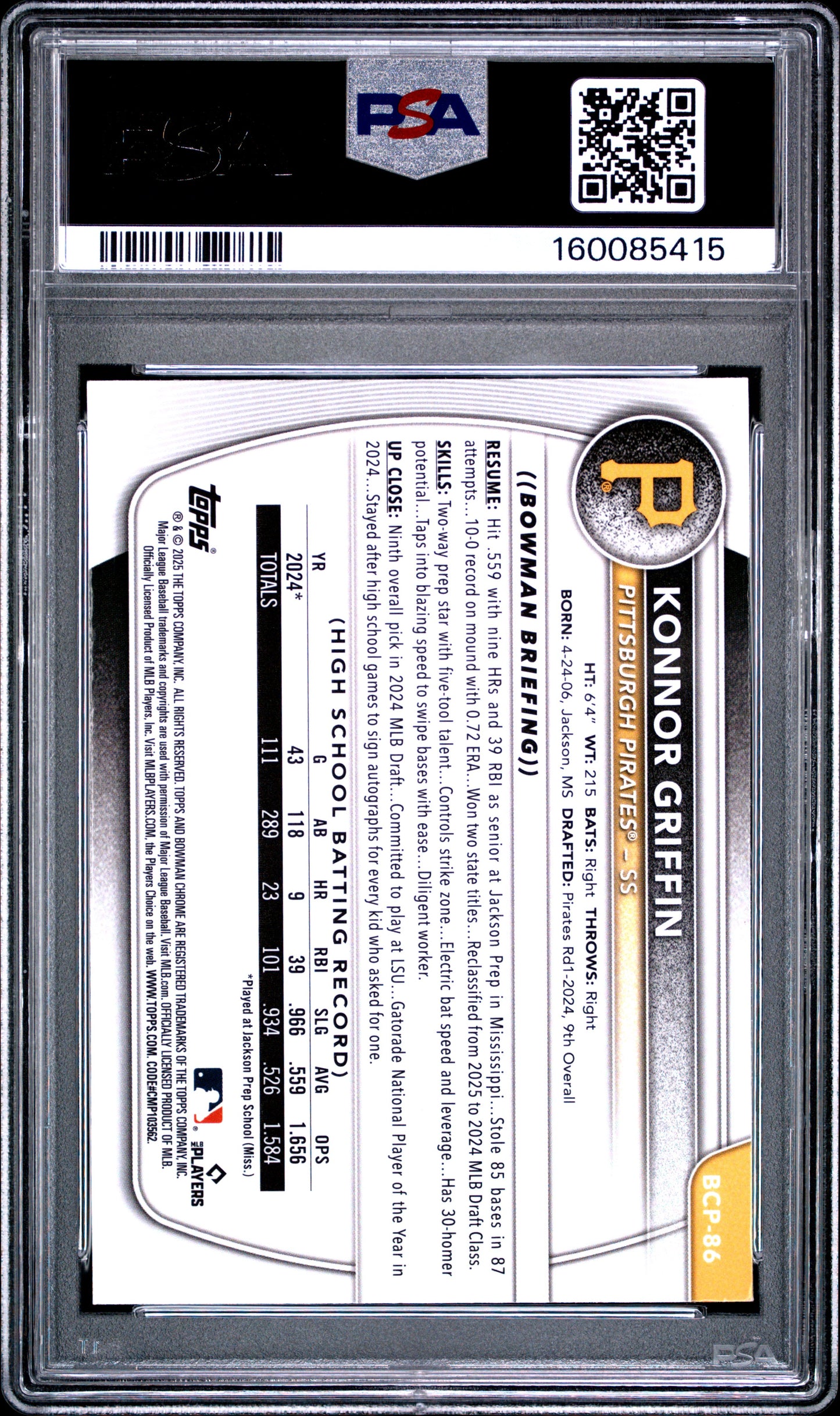 2025 Bowman Mega Box Chrome Prospects #86 Konnor Griffin PSA 9