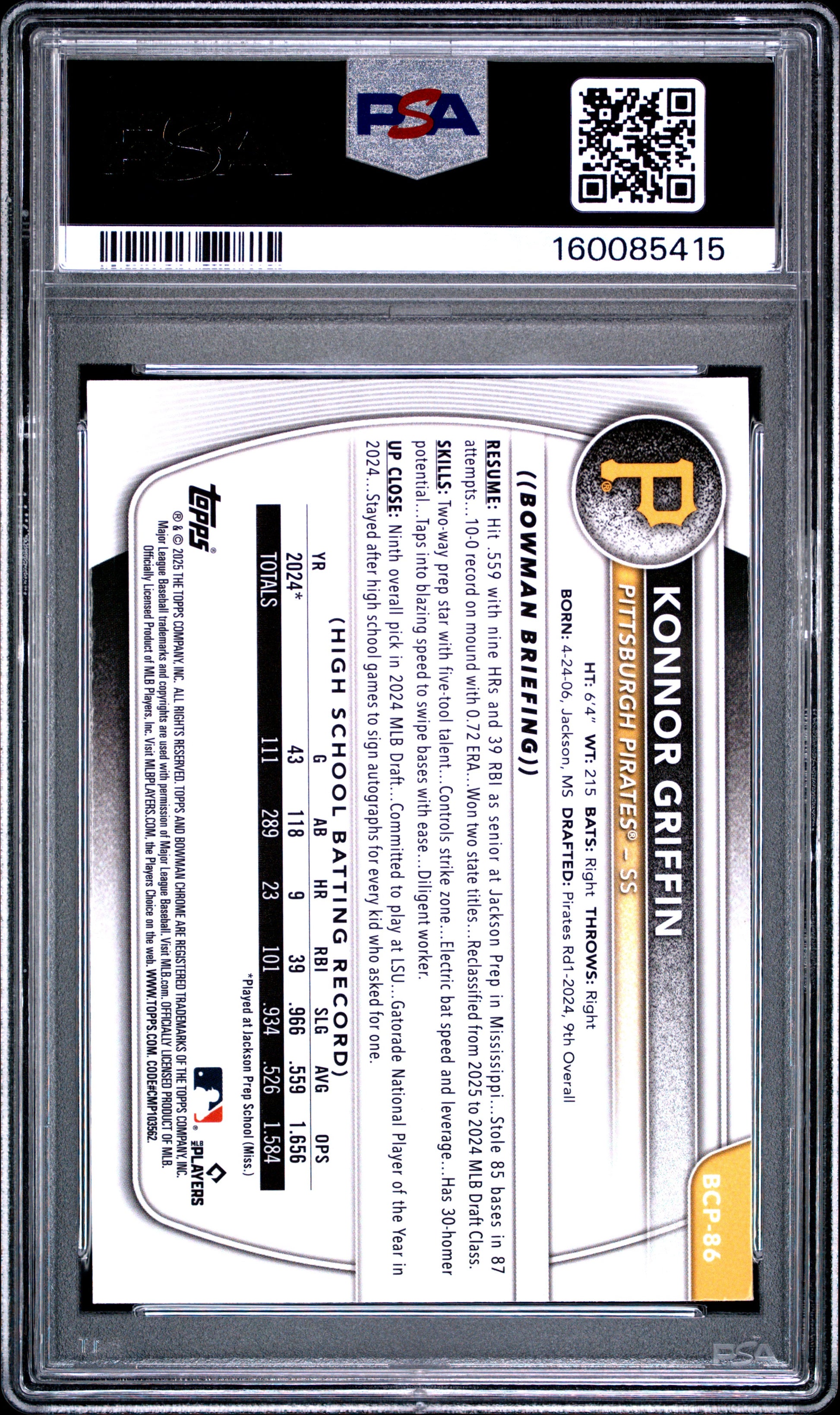 2025 Bowman Mega Box Chrome Prospects #86 Konnor Griffin PSA 9