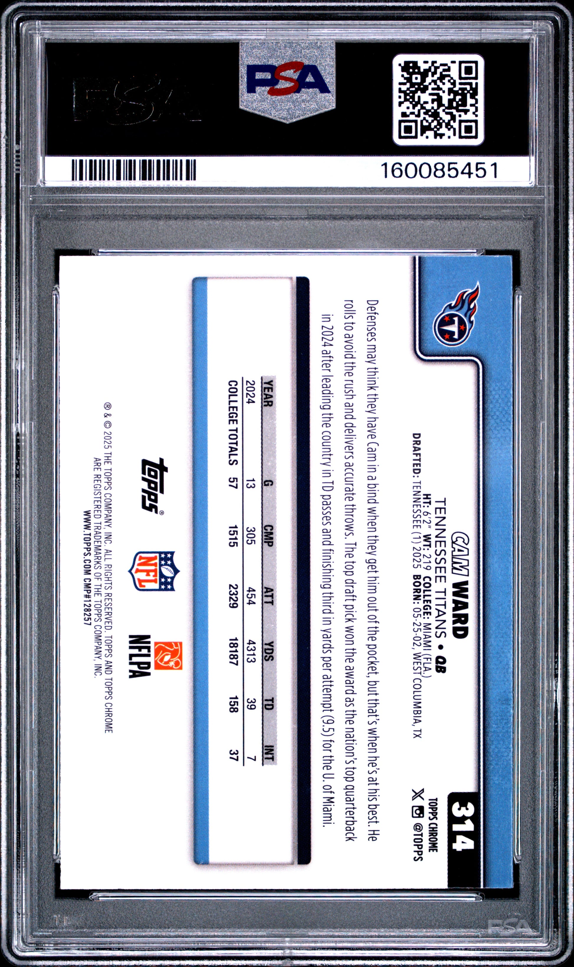 2025 Topps Chrome #314 Cam Ward RC PSA 9