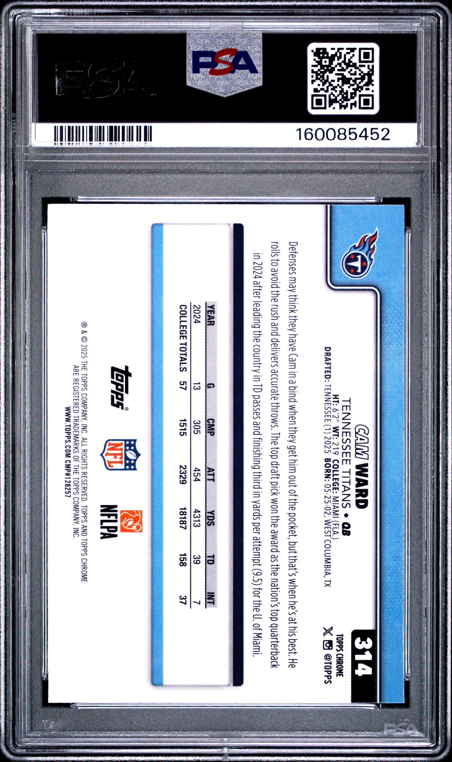 2025 Topps Chrome #314 Cam Ward RC PSA 10