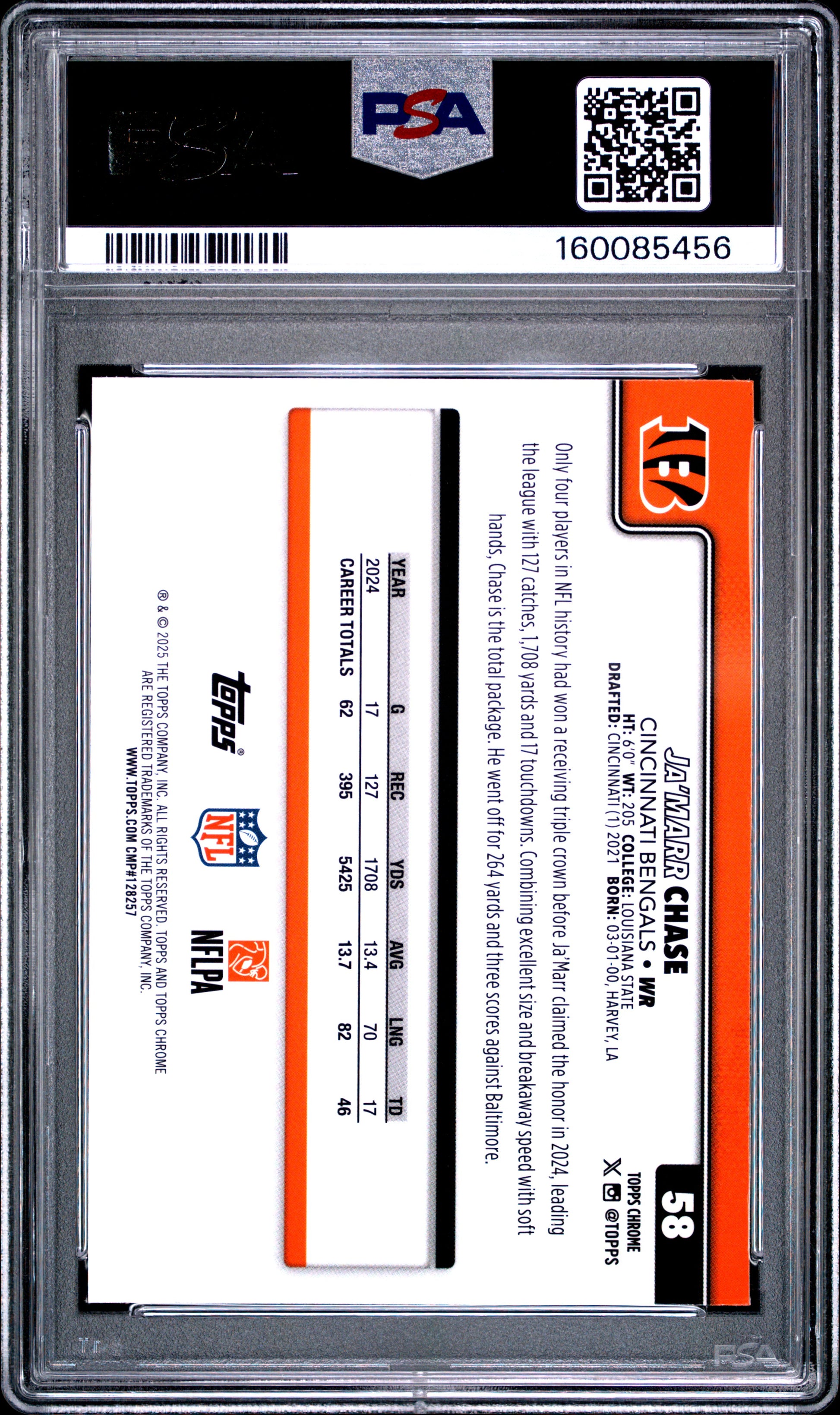 2025 Topps Chrome #58 Football Leather Refractor Ja'Marr Chase PSA 9