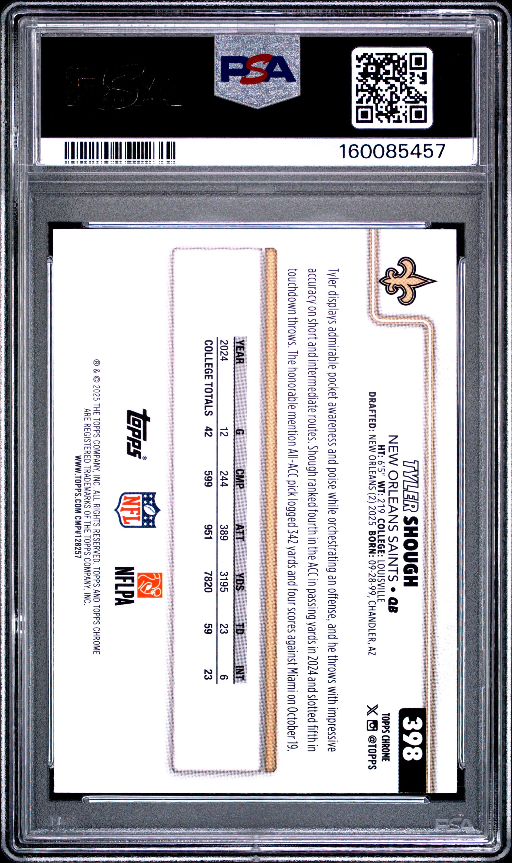 2025 Topps Chrome #398 Football Leather Refractor Tyler Shough RC PSA 10