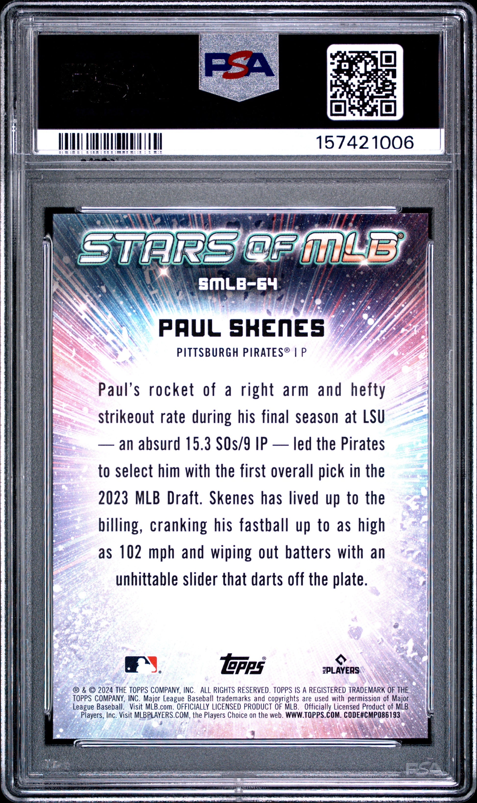 2024 Topps Stars Of Mlb #SMLB64 Update Paul Skenes RC PSA 9