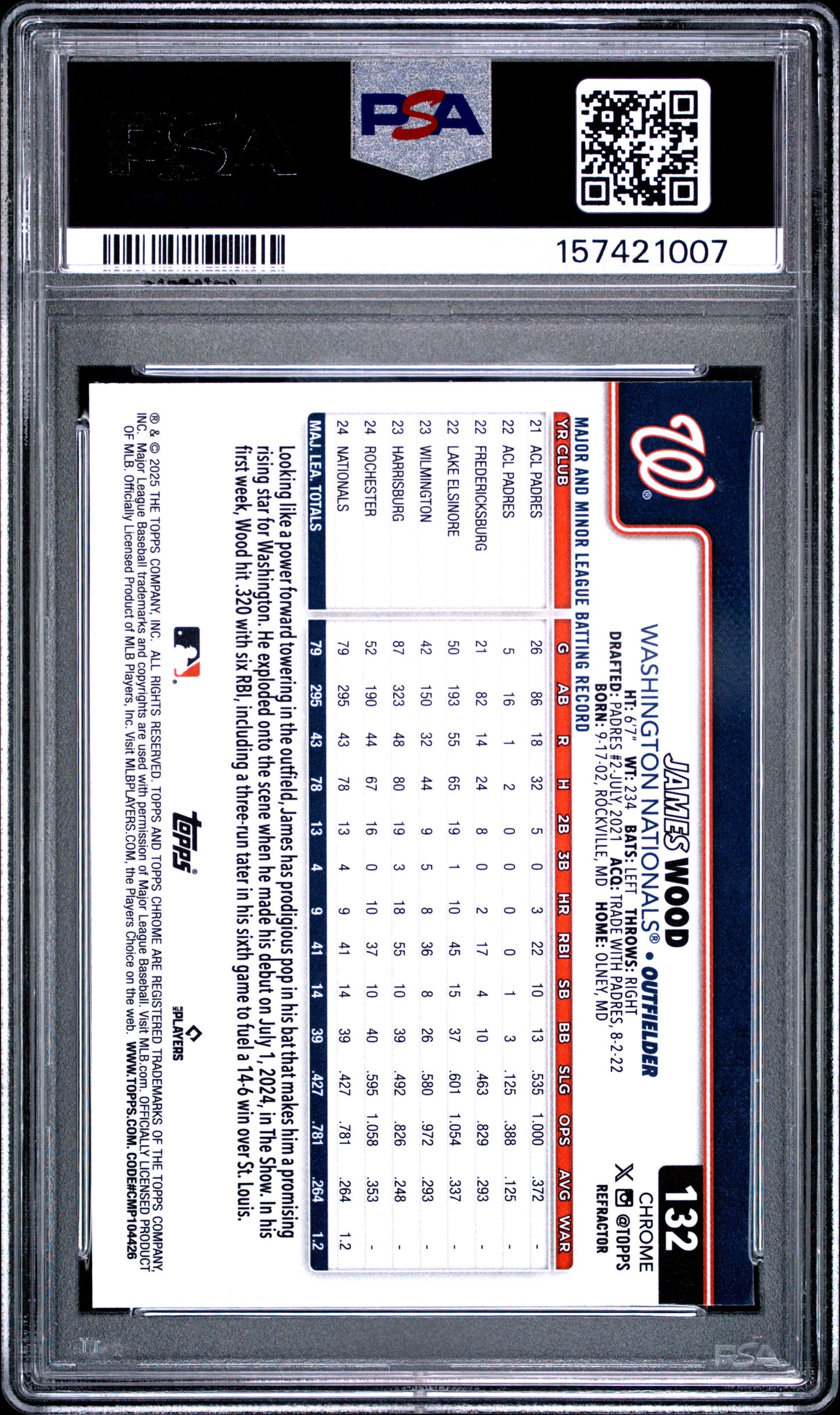 2025 Topps Chrome #132 Refractor James Wood RC PSA 9