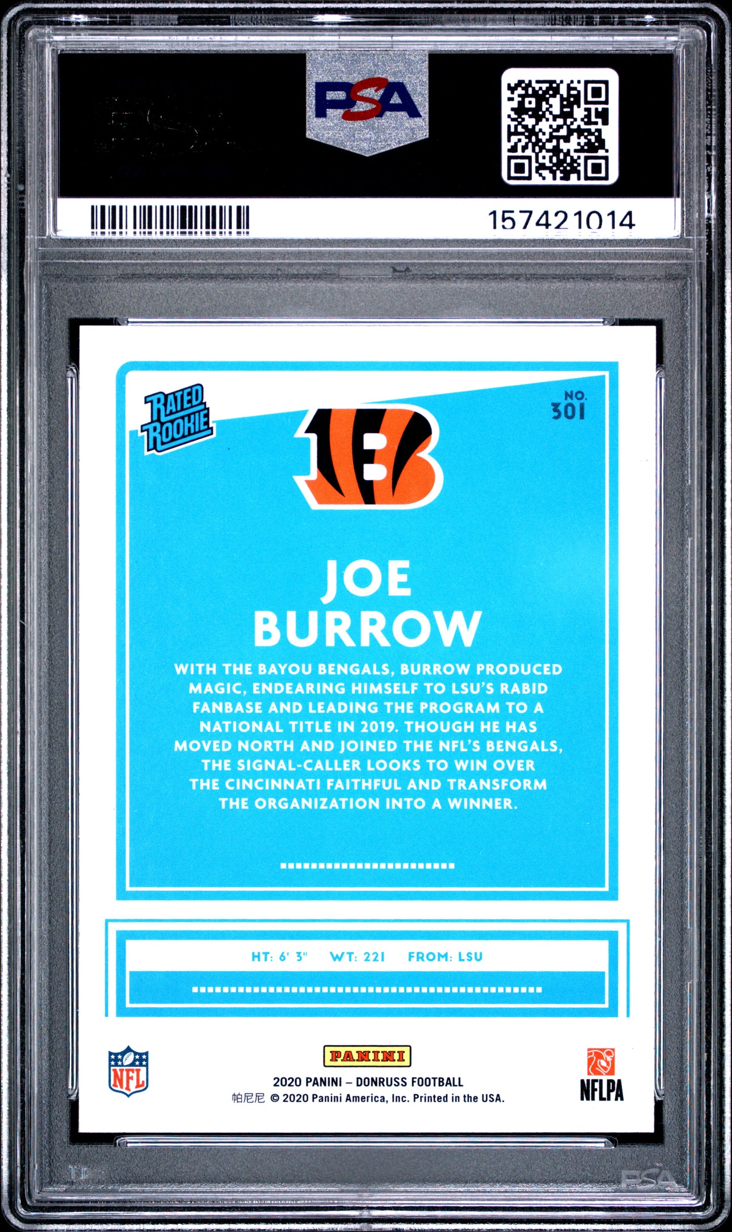 2020 Panini Donruss #301 Blue Press Proof Joe Burrow PSA 9