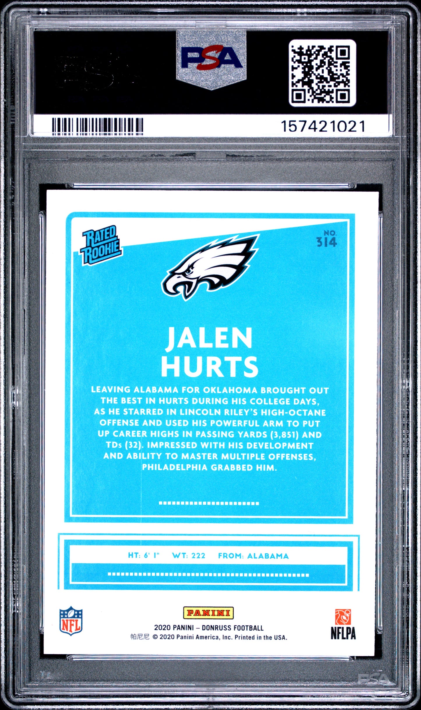2020 Panini Donruss #314 Jalen Hurts RC PSA 8