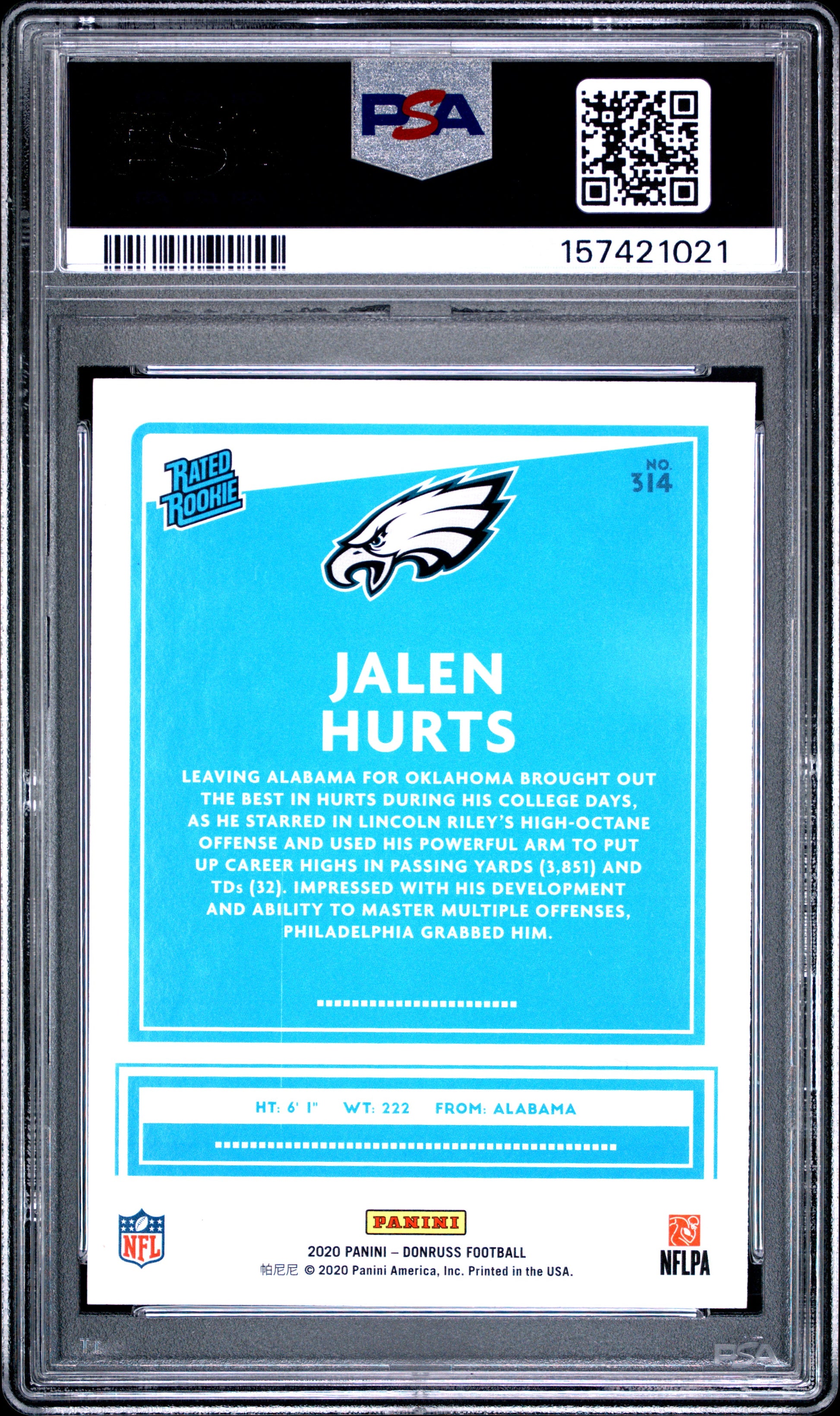 2020 Panini Donruss #314 Jalen Hurts RC PSA 8