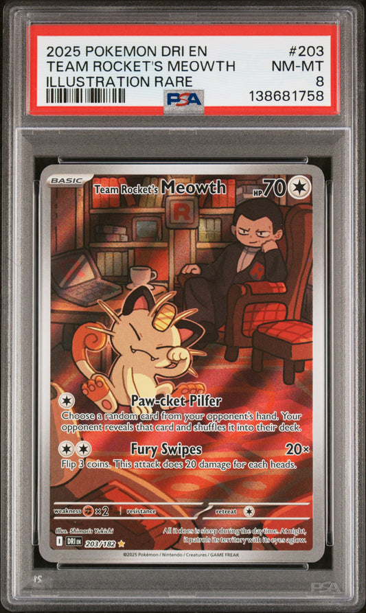 2025 Pokemon Dri En-Destined Rivals #203 Ill. Rare Team Rocket's Meowth PSA 8
