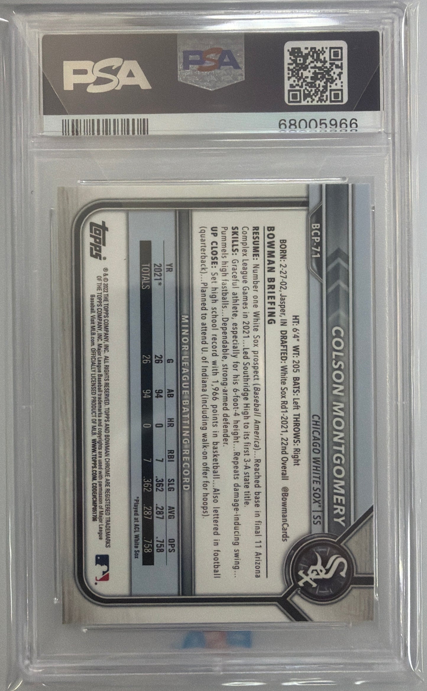 2022 Bowman #BCP71 Colson Montgomery Chrome Prospects PSA 10
