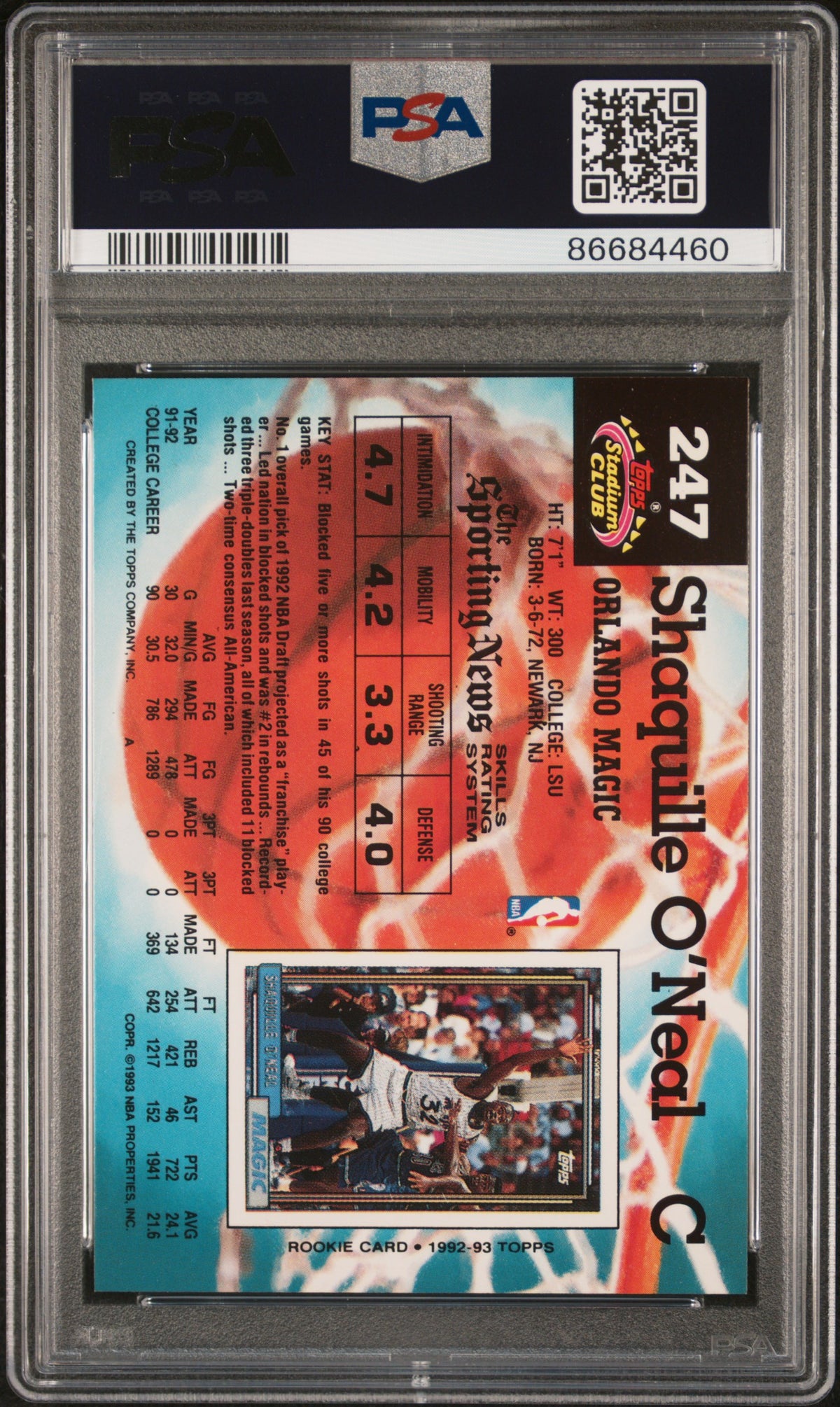 1992 Stadium Club #247 Shaquille O'Neal RC PSA 9