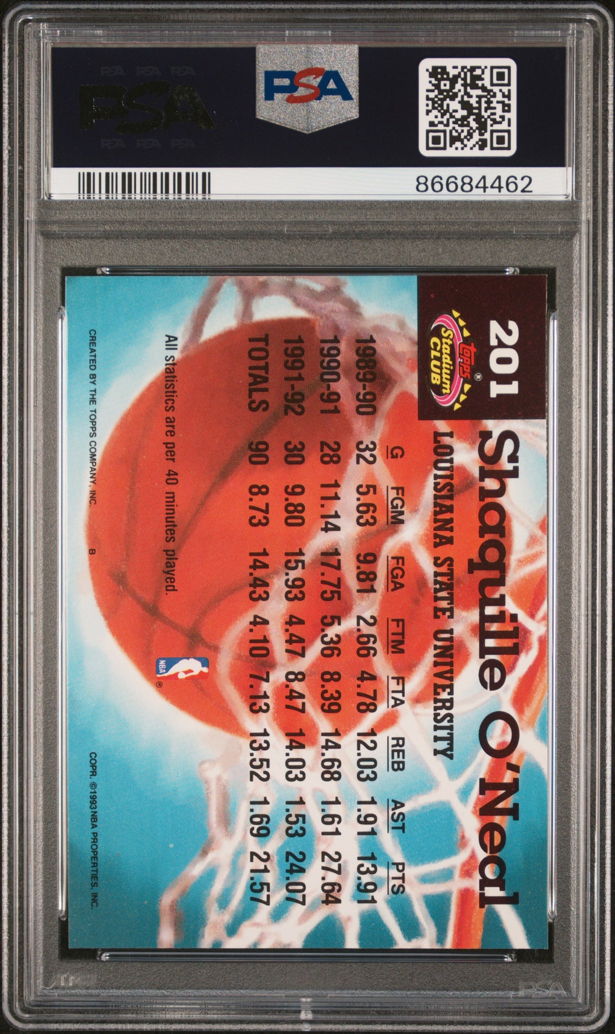 1992 Stadium Club #201 Shaquille O'Neal RC PSA 9