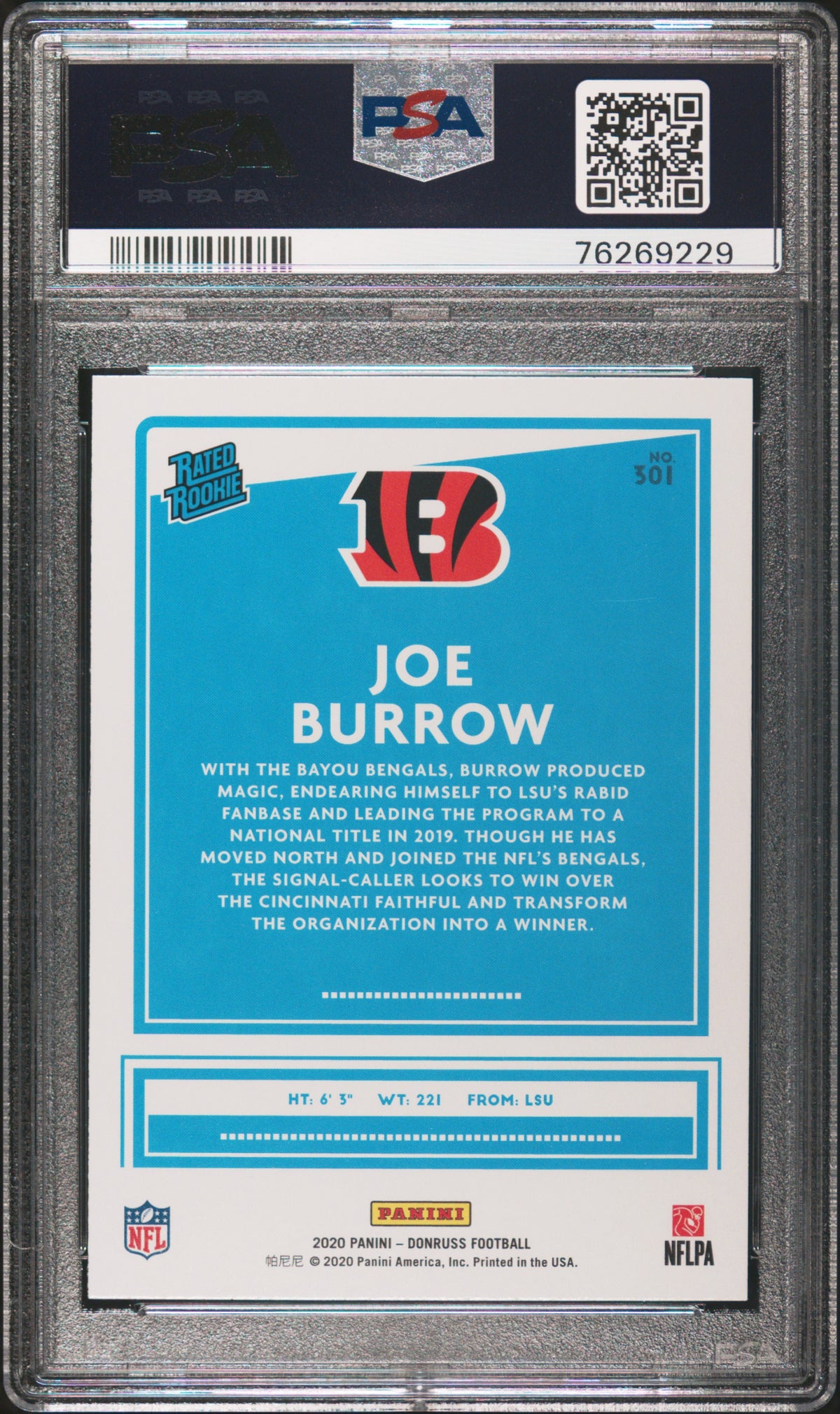 2020 Panini Donruss #301 Joe Burrow RC PSA 10