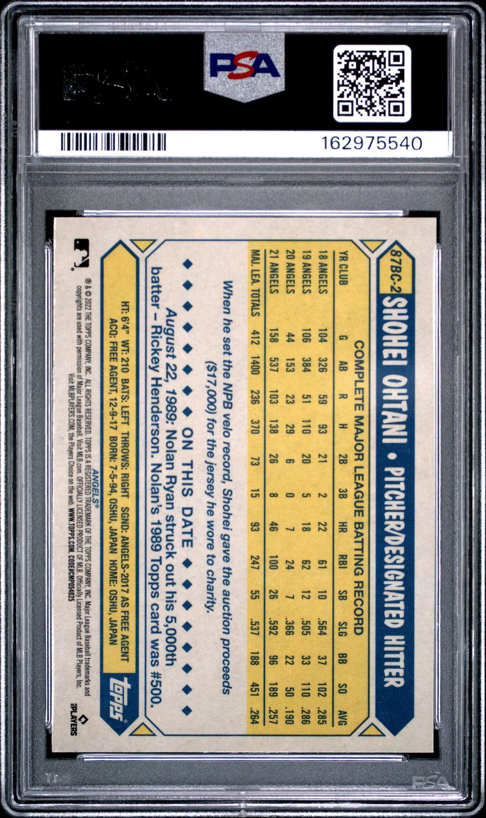 2022 Topps Chrome 1987 Topps Baseball #87BC2 Shohei Ohtani PSA 8