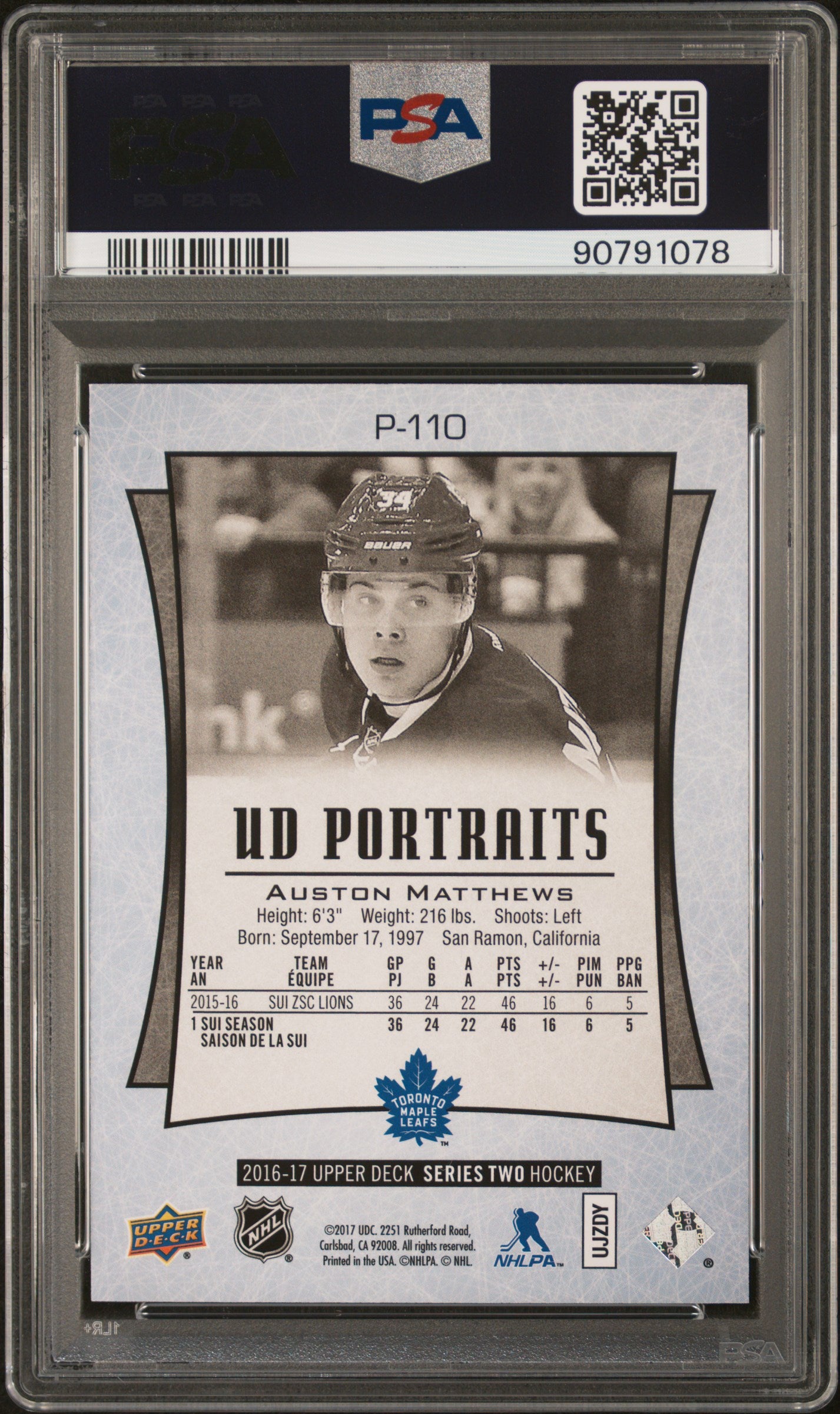 2016 Upper Deck Ud Portraits #P-110 Auston Matthews Ud Portraits PSA 10