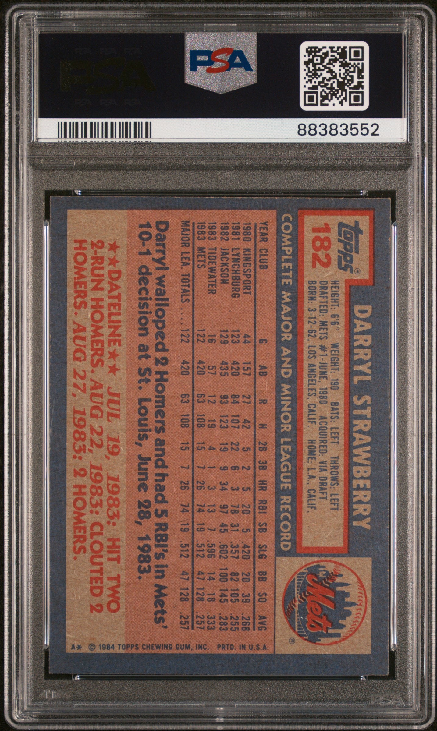 1984 Topps #182 Darryl Strawberry PSA 8