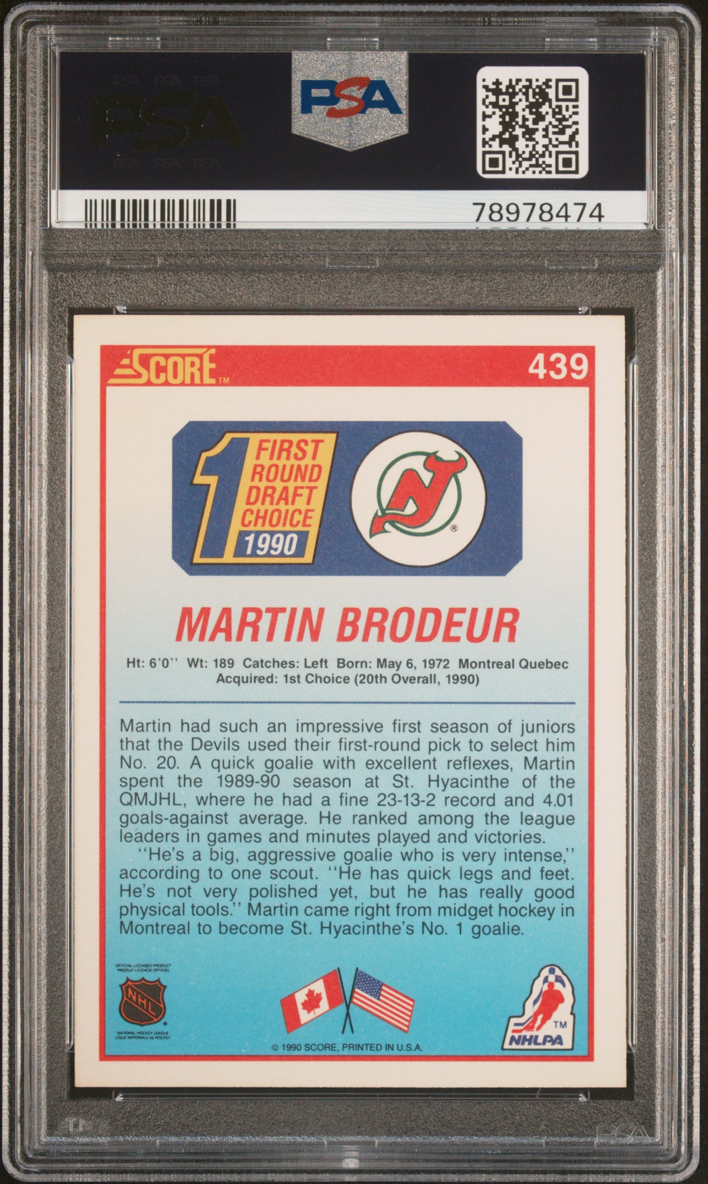 1990 Score #439 Martin Brodeur PSA 7