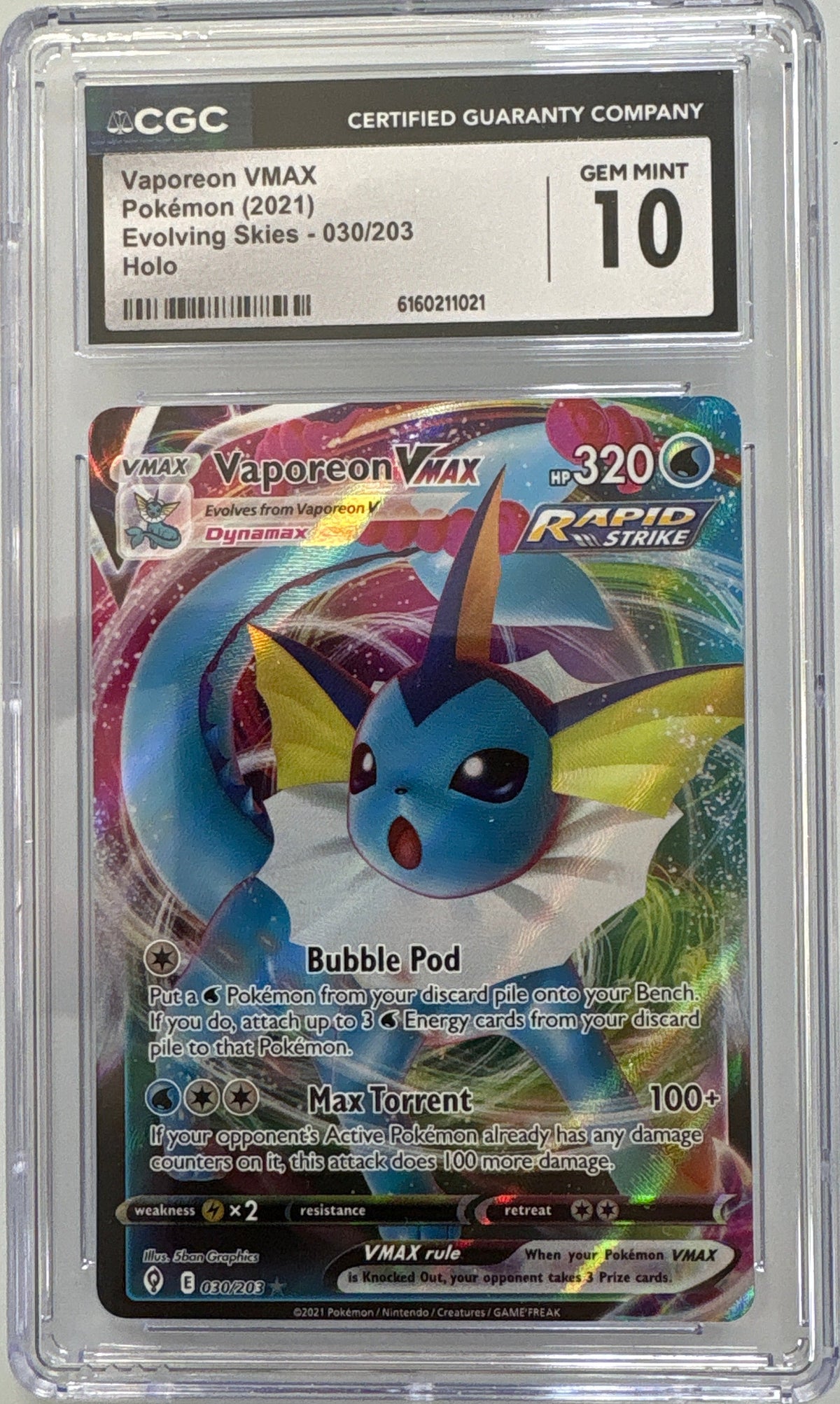 2021 Pokemon Evolving Skies #030 Vaporeon VMax Holo CGC 10